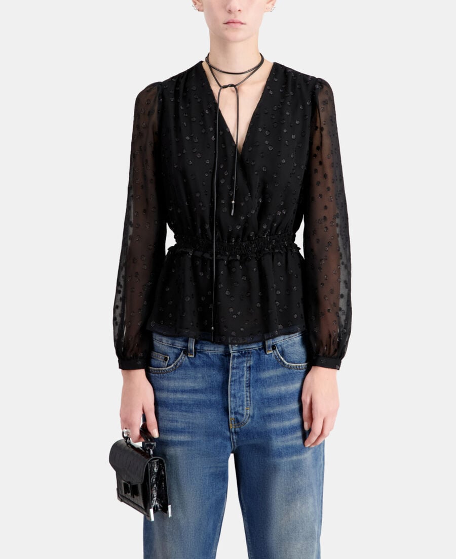 The Kooples FEMME BLACK top noir à pois en fil argenté