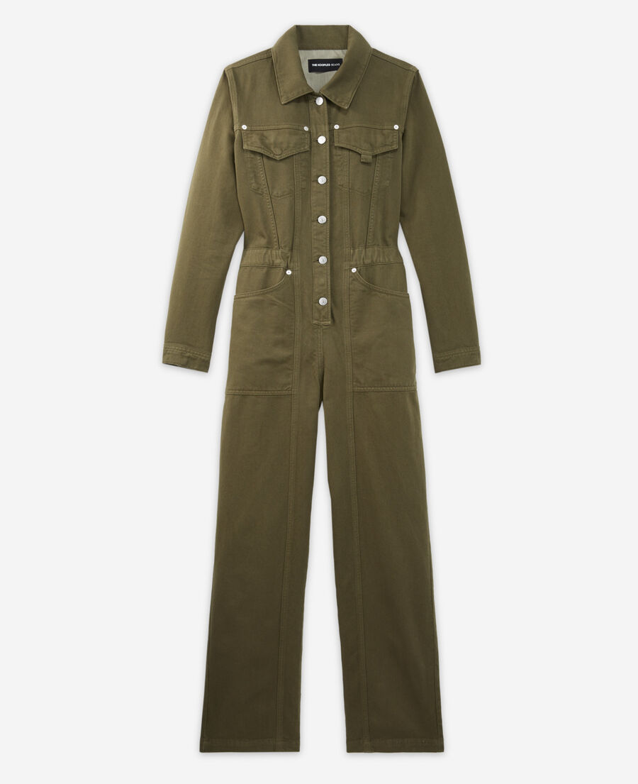 casual khaki denim jumpsuit with pockets