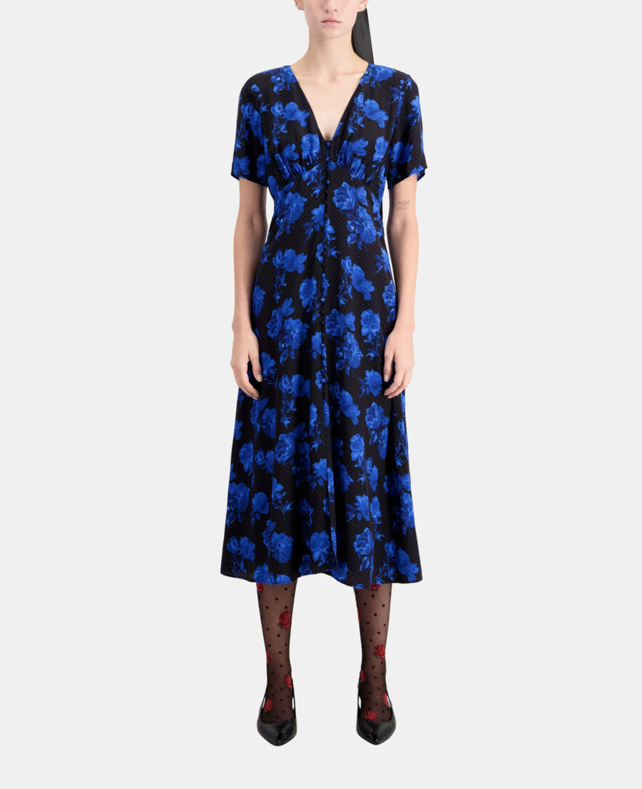 The Kooples WOMEN BLACK BLUE long printed silk dress with buttoning