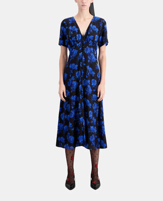 The Kooples WOMEN BLACK BLUE long printed silk dress with buttoning