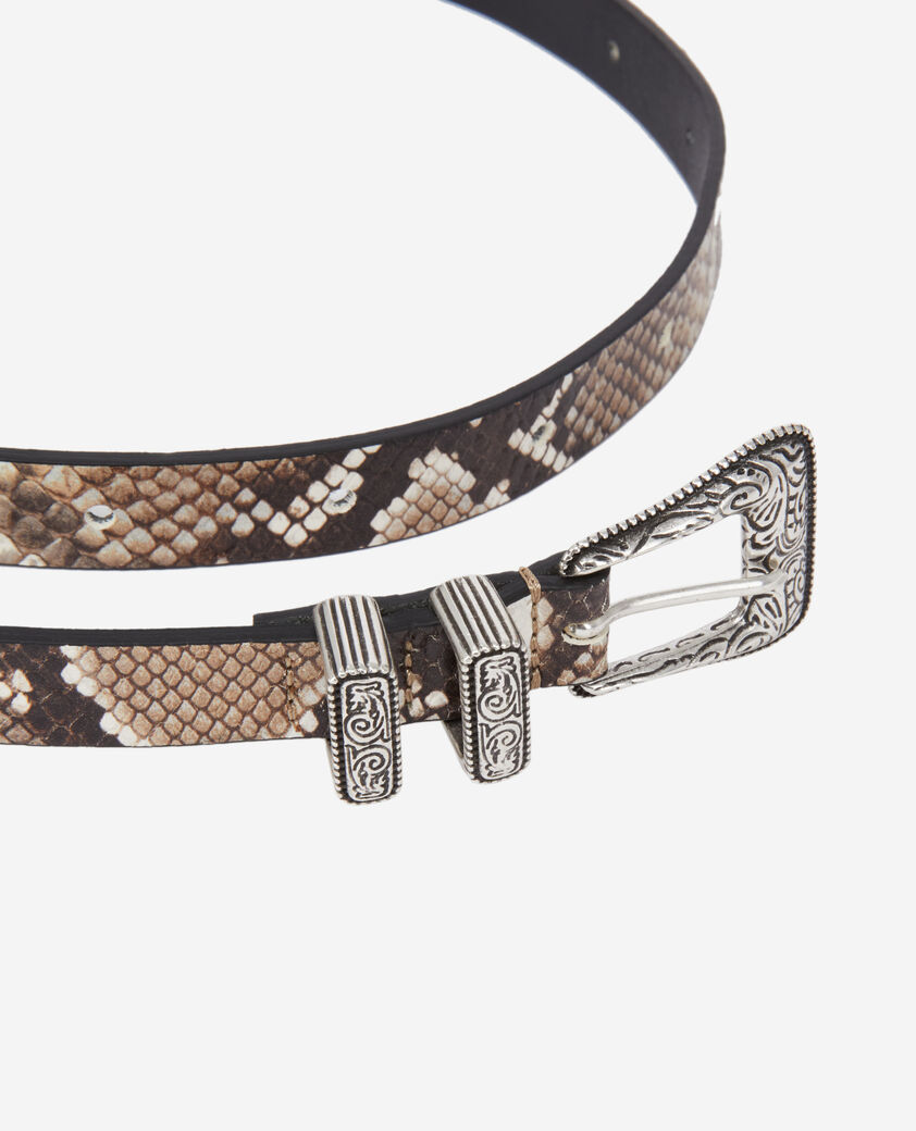 The Kooples MIXED BEIGE-BROWN thin snakeskin-effect leather belt with western-style buckle