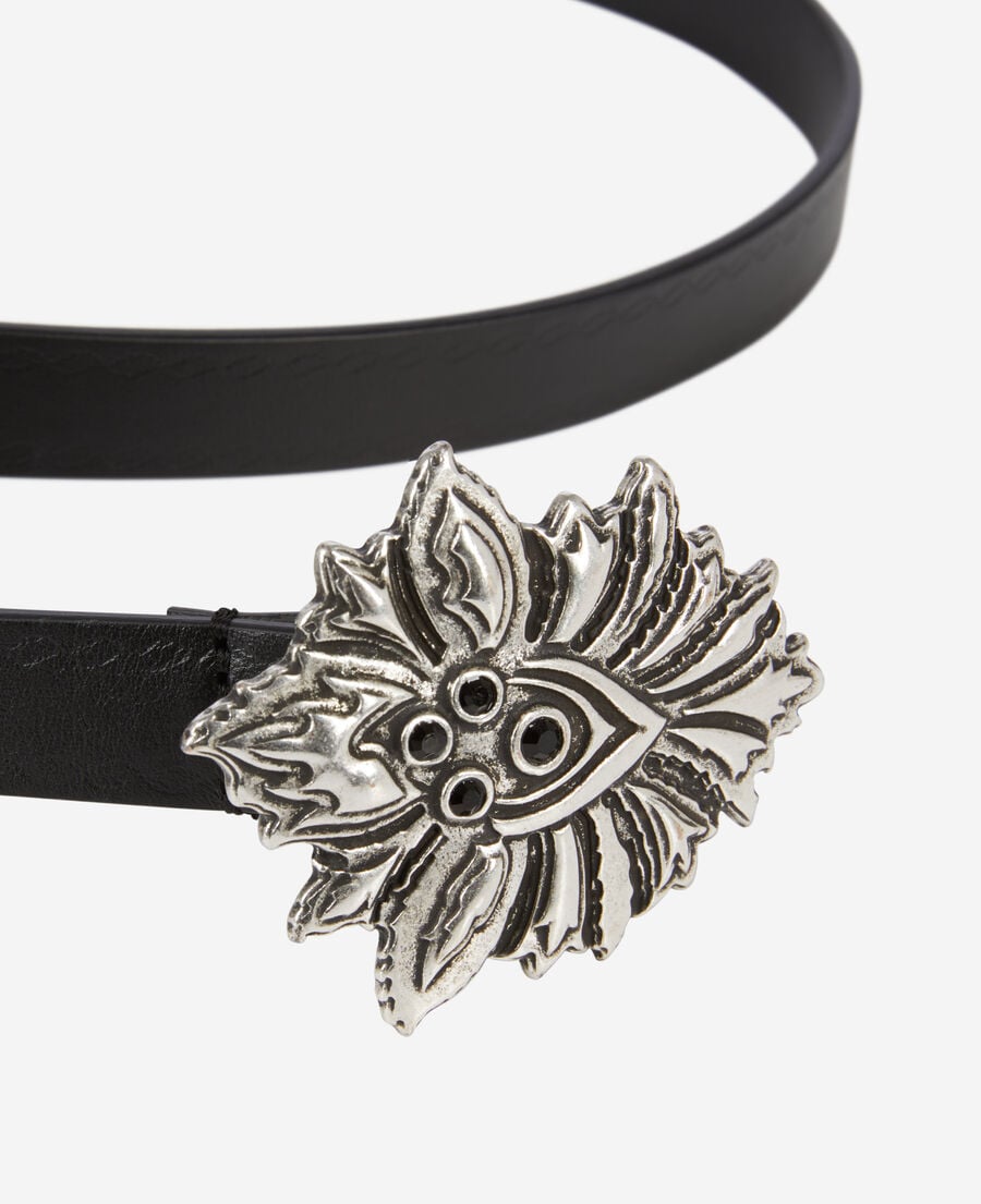 The Kooples WOMEN BLACK thin black leather belt with flower buckle