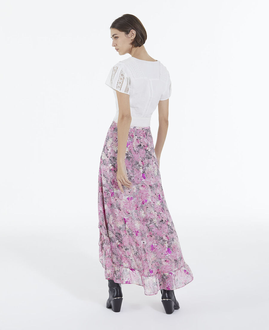 flowing pink long skirt with floral print