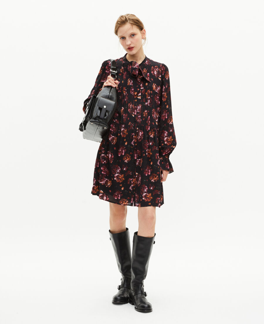 The Kooples WOMEN BLACK - RED rose print short dress in burgundy silk blend