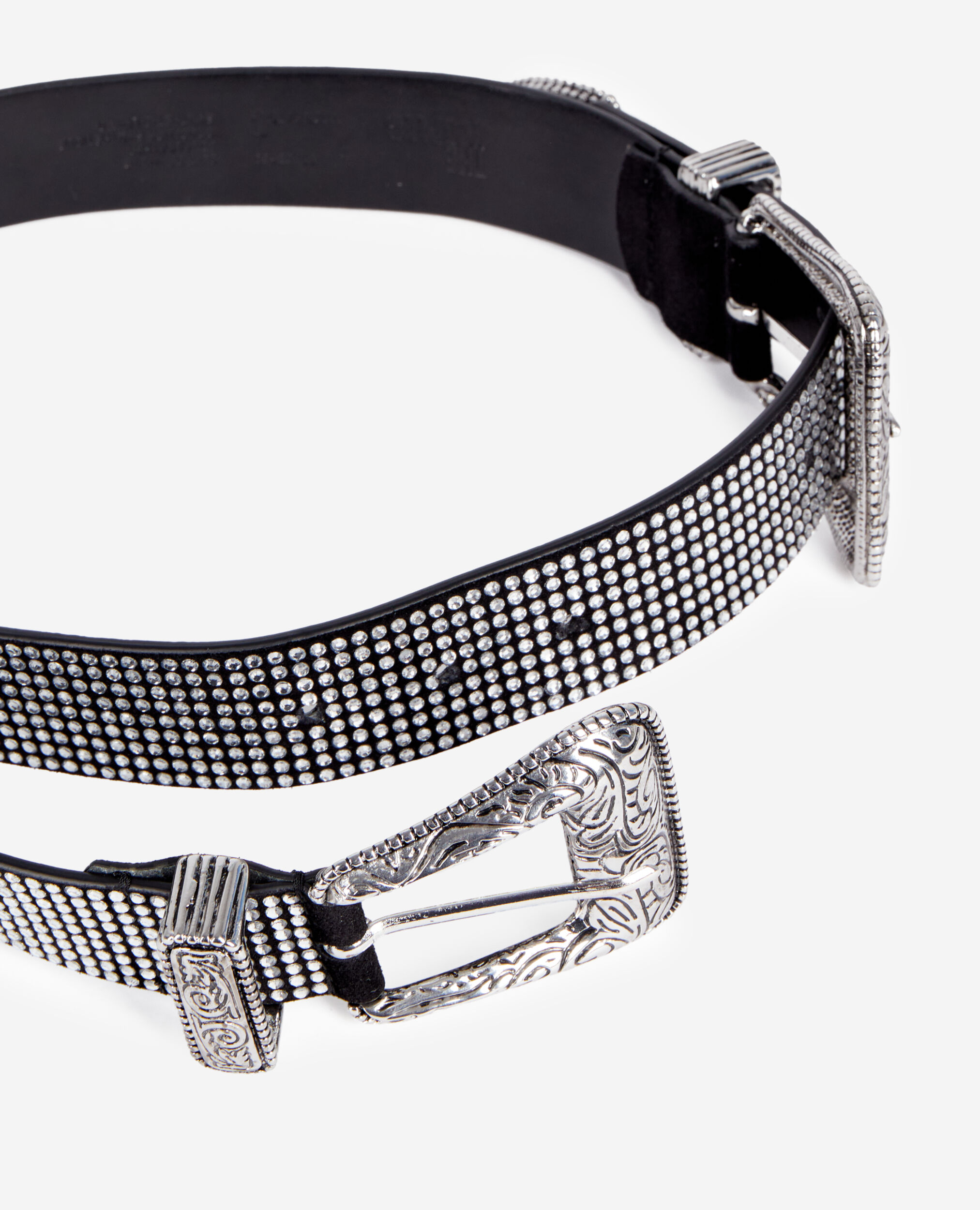 Leather belt with rhinestones and double Western buckle, ANTIC SILVER, hi-res image number null