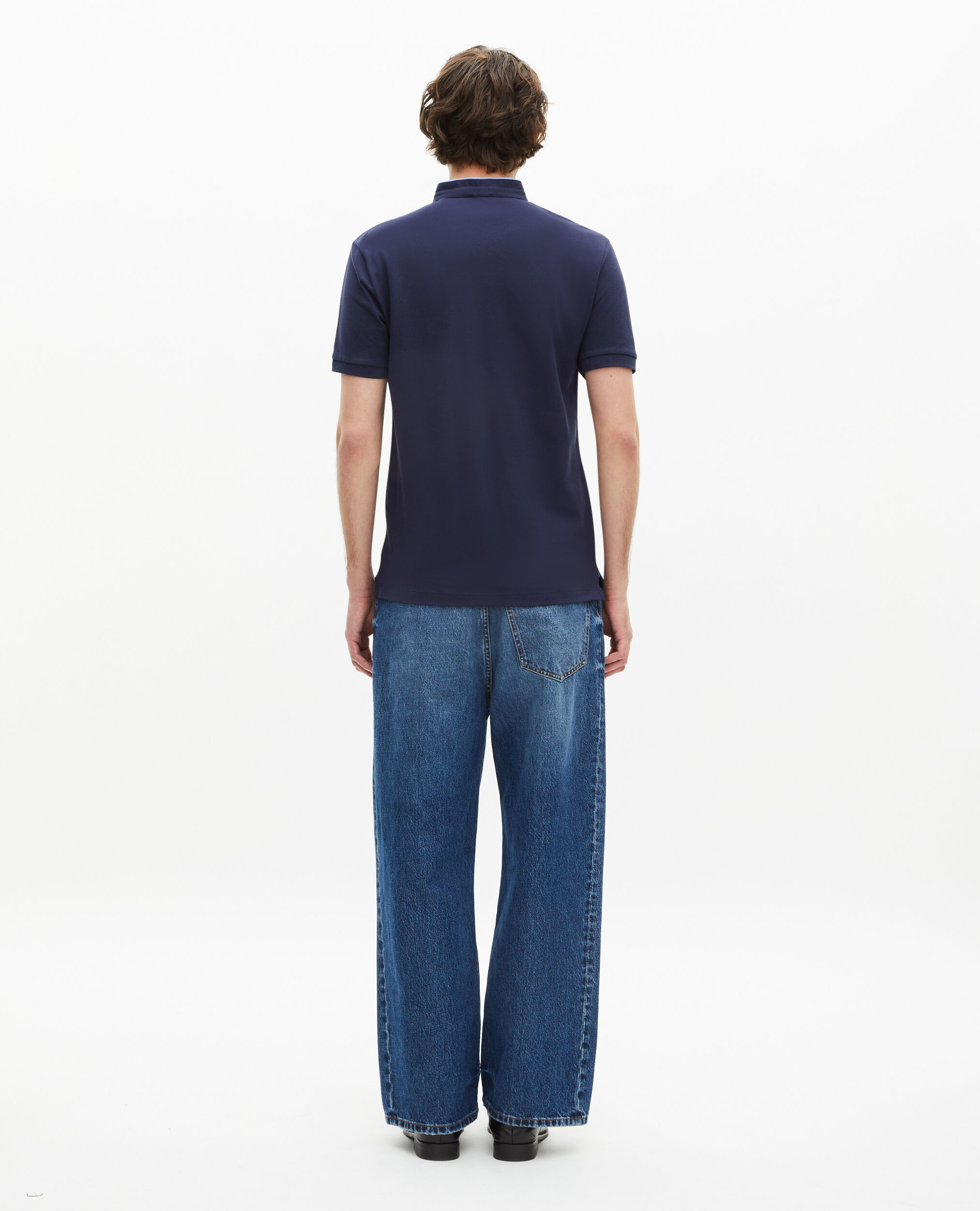 Navy blue pique cotton polo t-shirt, NAVY/ PIPING NAVY, hi-res image number null