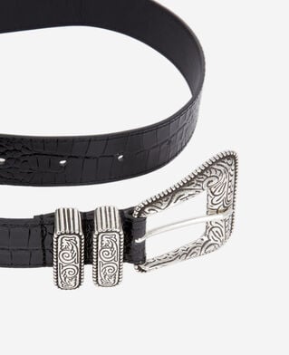 The Kooples F BLACK black crocodile effect leather belt with western buckle