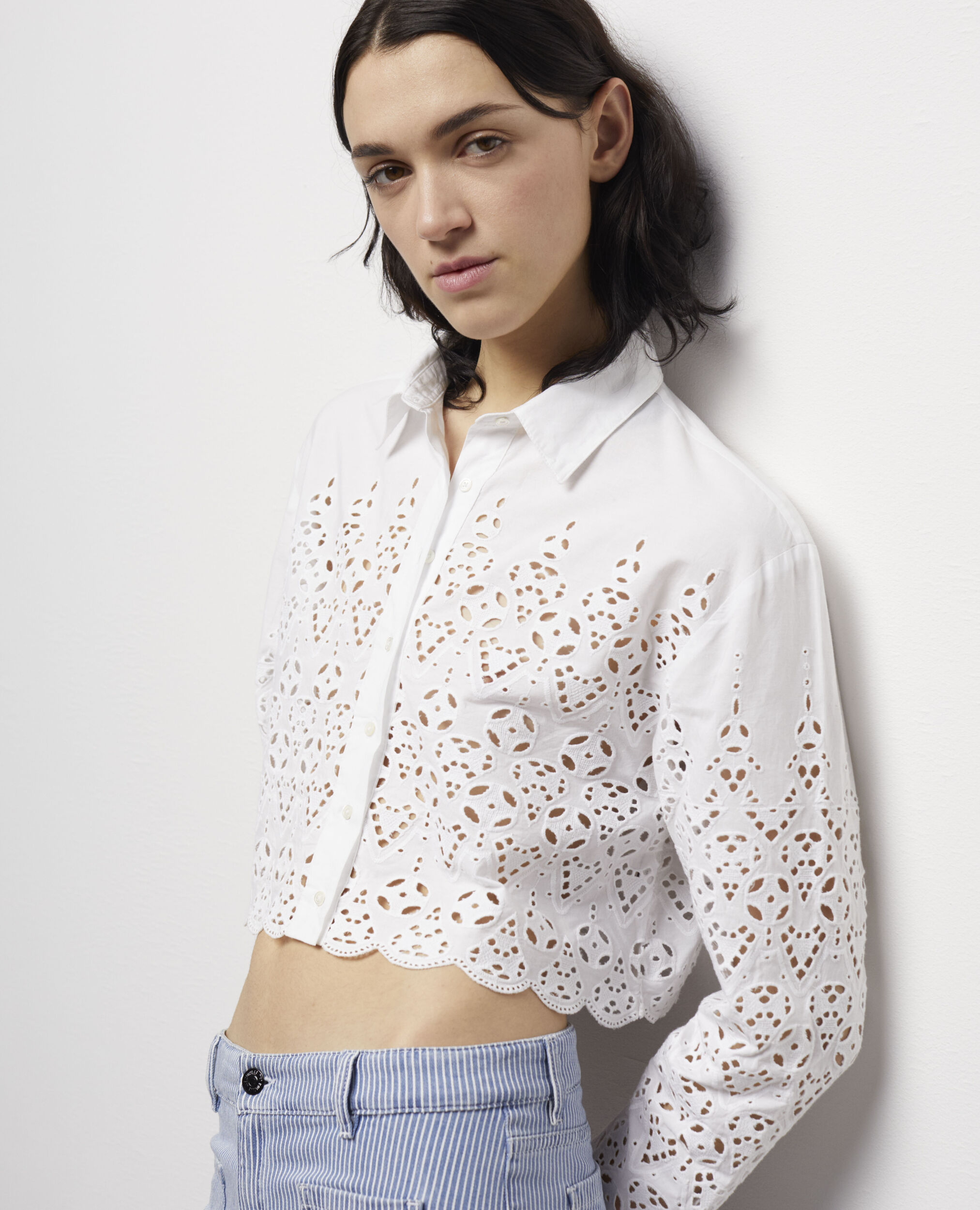 Short white shirt with broderie anglaise, WHITE, hi-res image number null