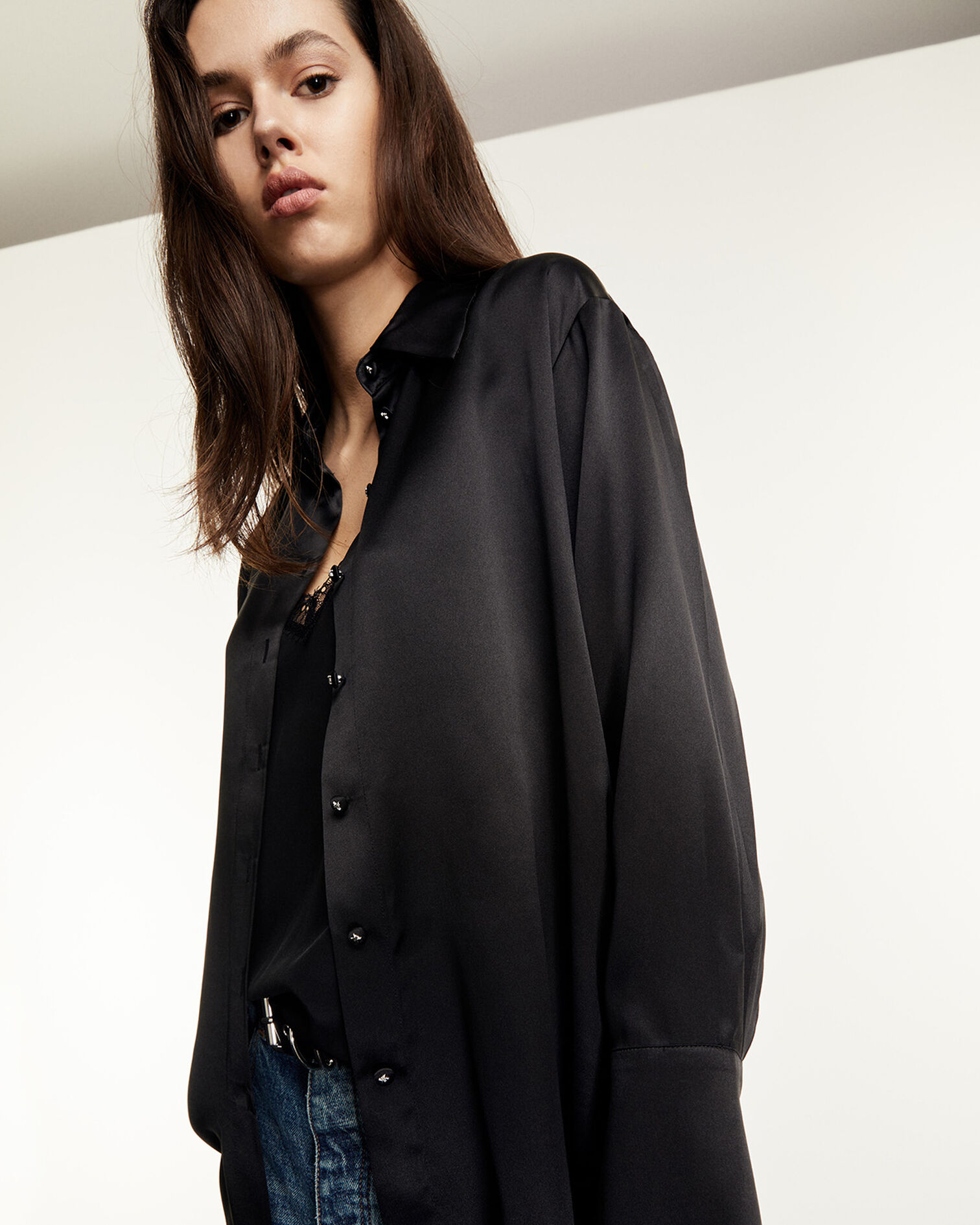 Chemise noire soie satin, BLACK, hi-res image number null