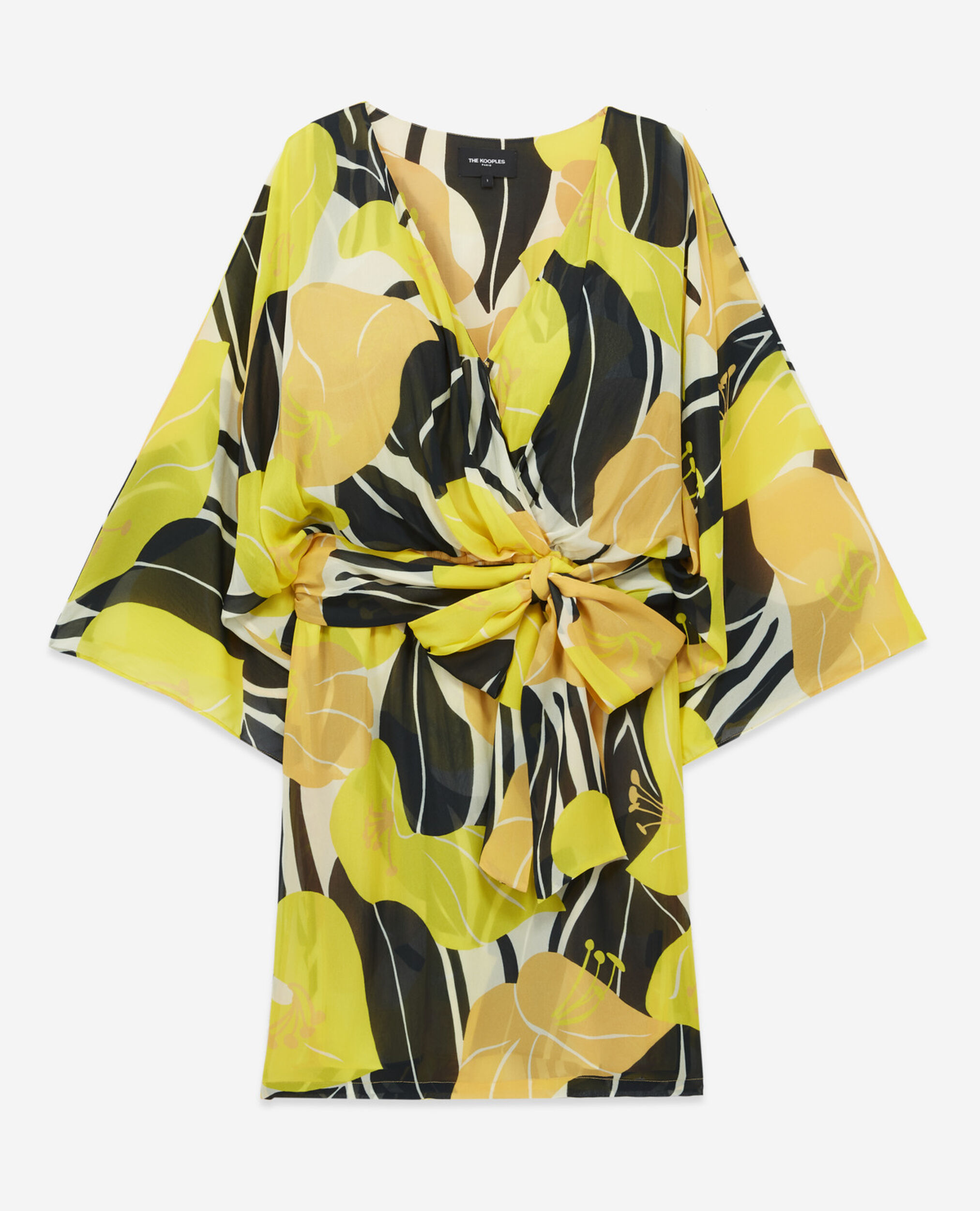 Leichtes Kleid mit Kimono-Print und Gürtel, YELLOW, hi-res image number null