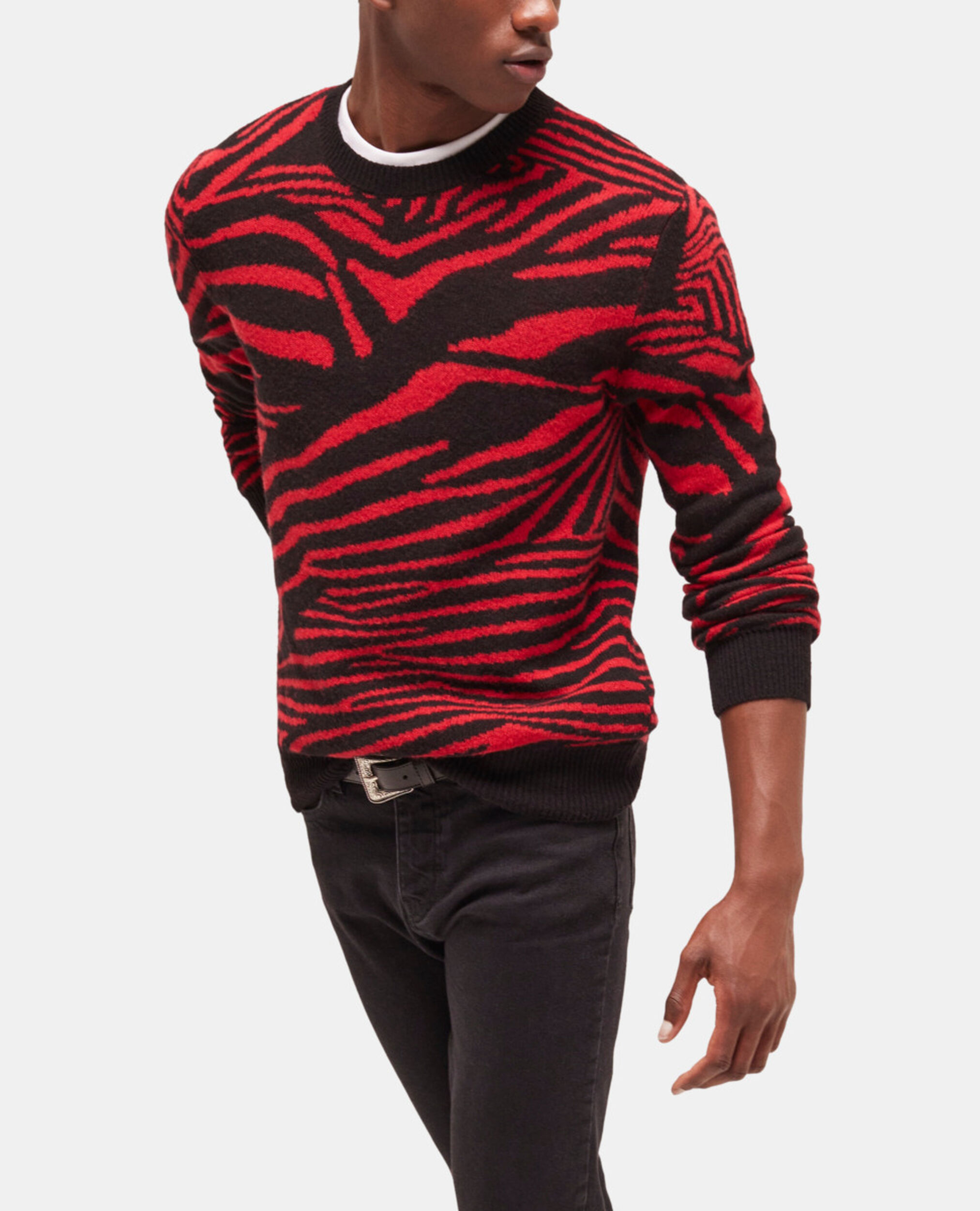 Pull en laine imprimé rouge, BLACK - RED, hi-res image number null
