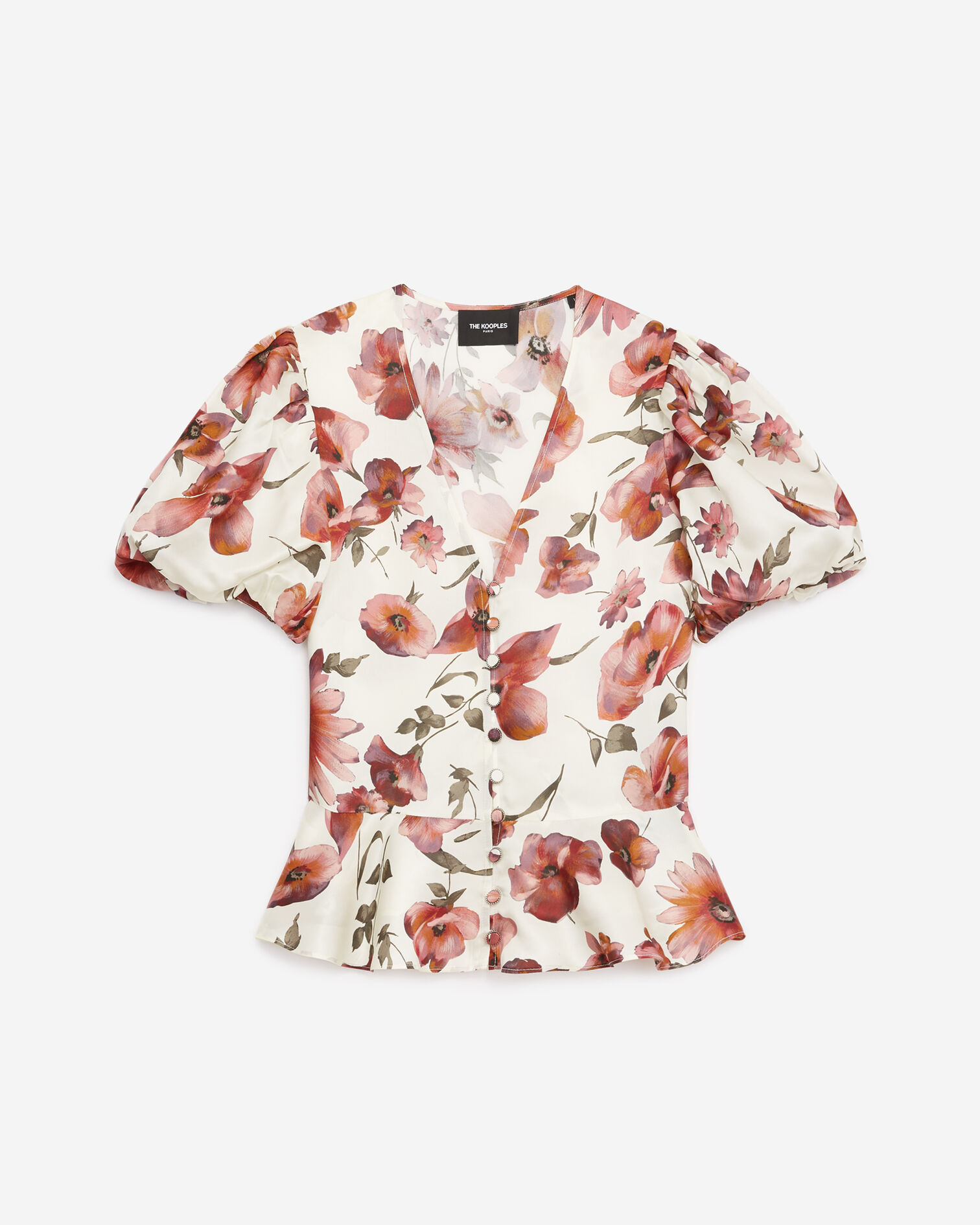 Printed ecru top with floral motif and peplum, ECRU, hi-res image number null