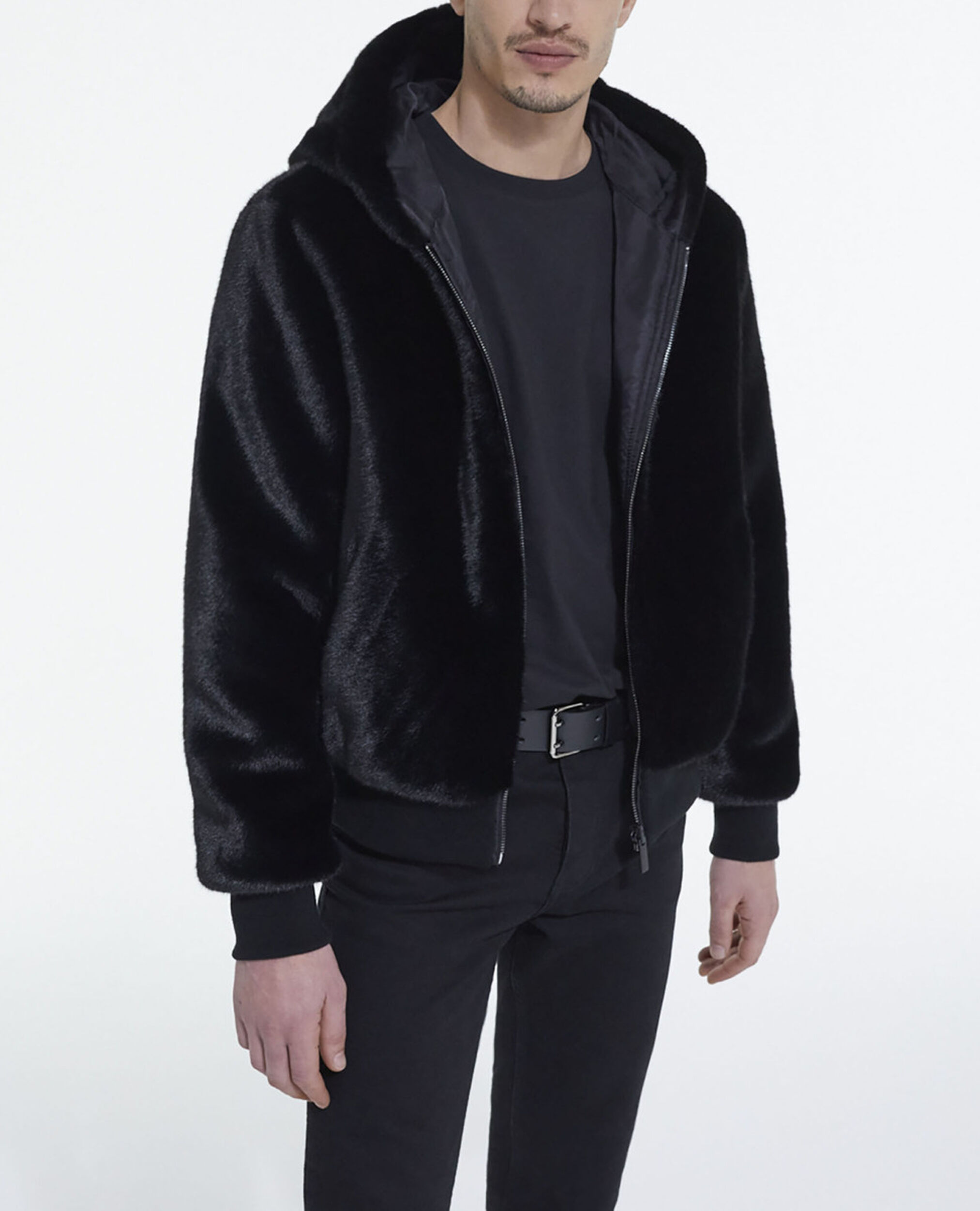 Faux fur coat with gray hood, BLACK, hi-res image number null