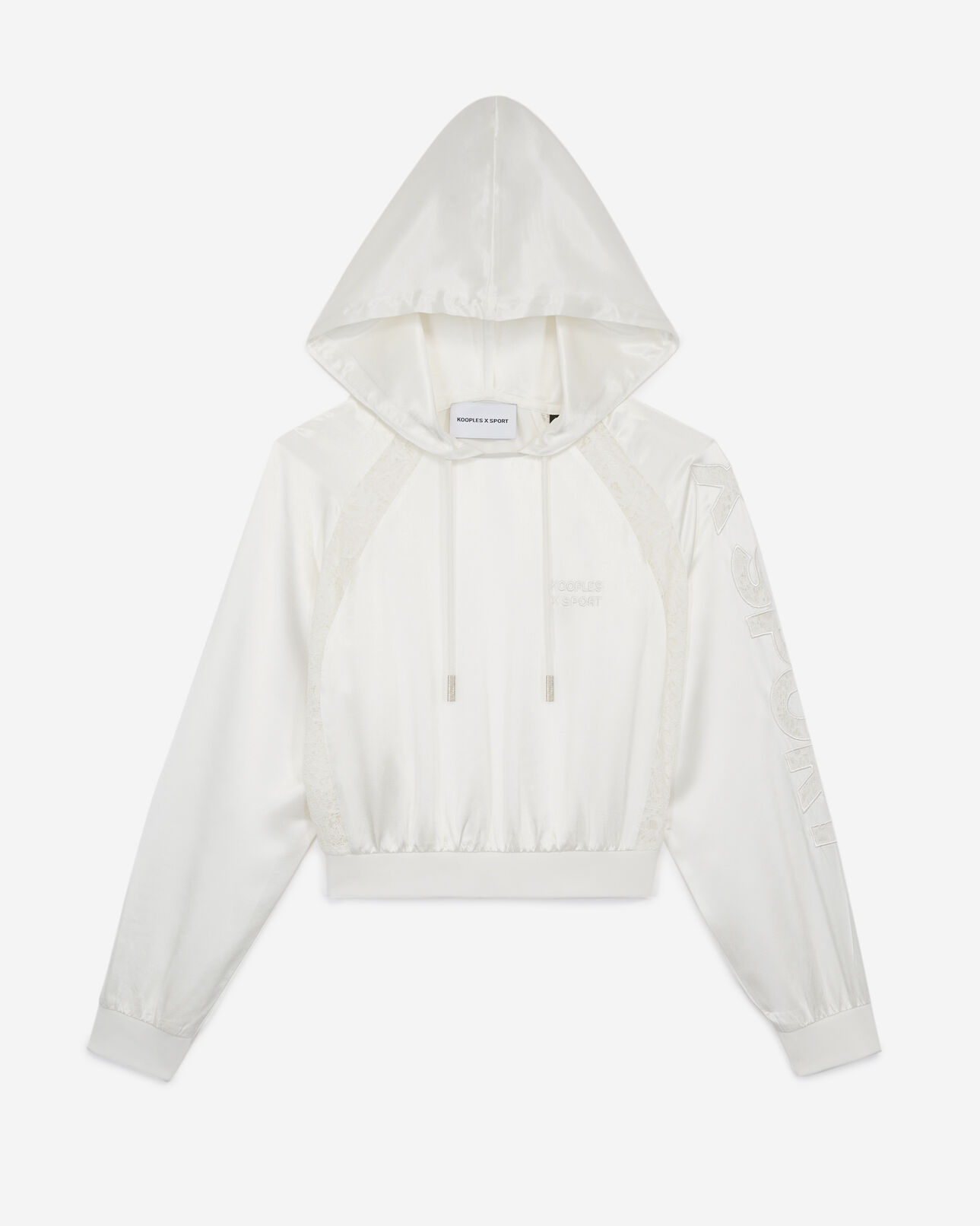 The Kooples FEMME ECRU top blanc à capuche bande dentelle