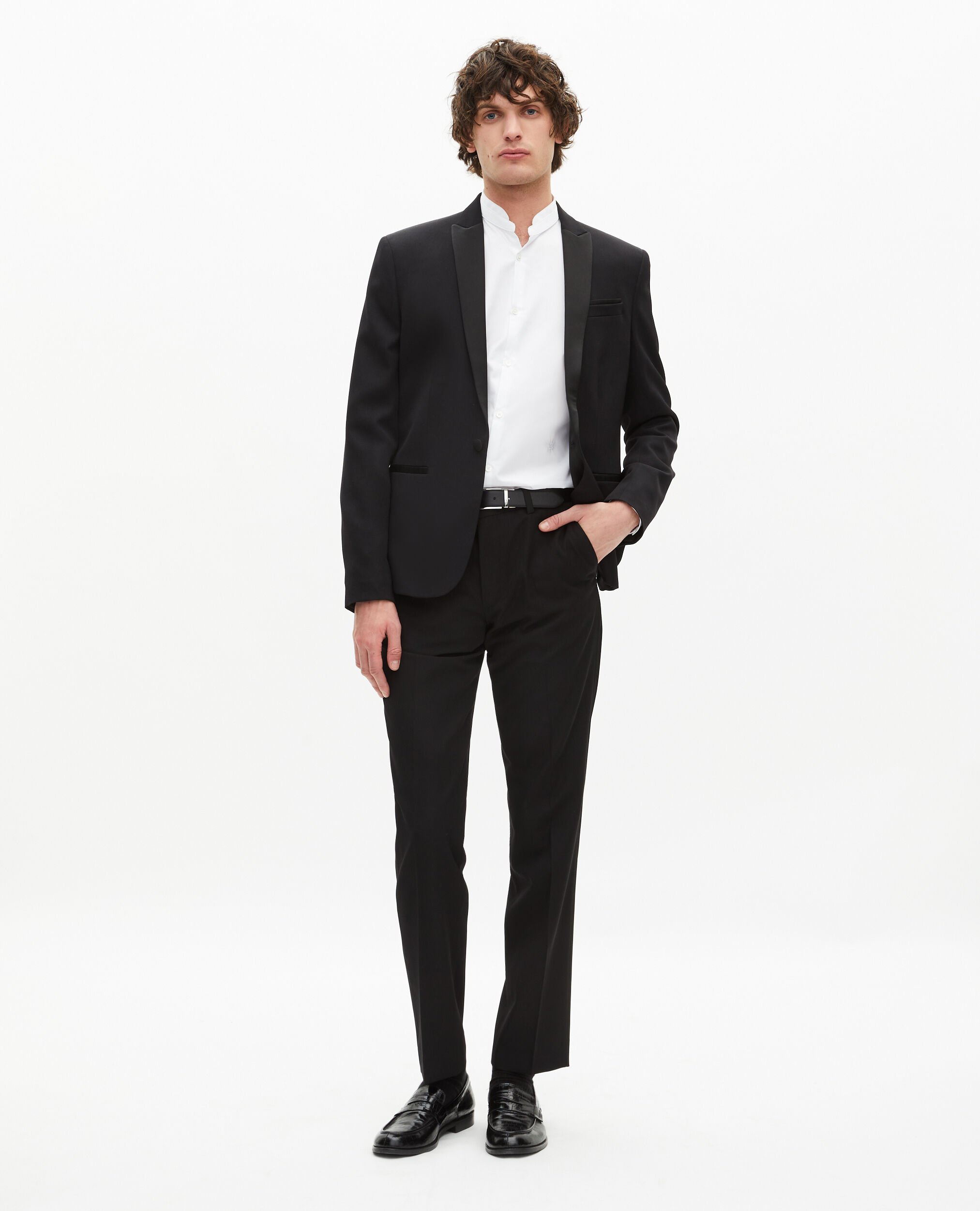 Schwarze Smokinghose mit geradem Schnitt und Satin-Detail, BLACK, hi-res image number null