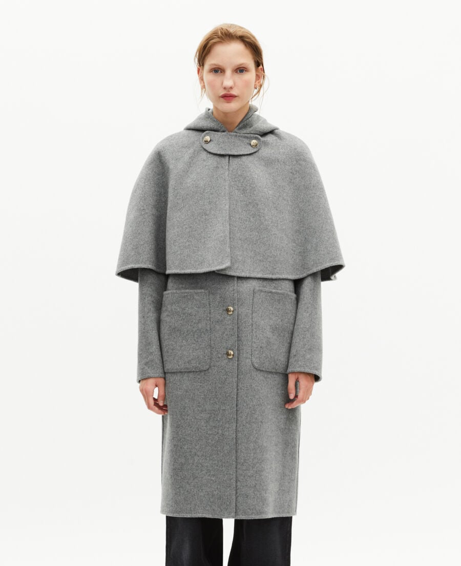 The Kooples DAMEN GREY langer mantel aus doppelseitiger wolle mit grauem cape