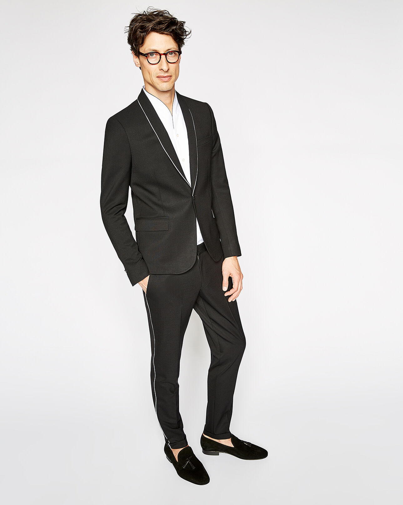 The Kooples MEN BLACK black suit jacket with ecru piping