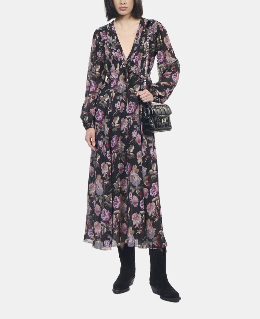 The Kooples FEMME BLACK / PURPLE robe longue imprimé fleuri