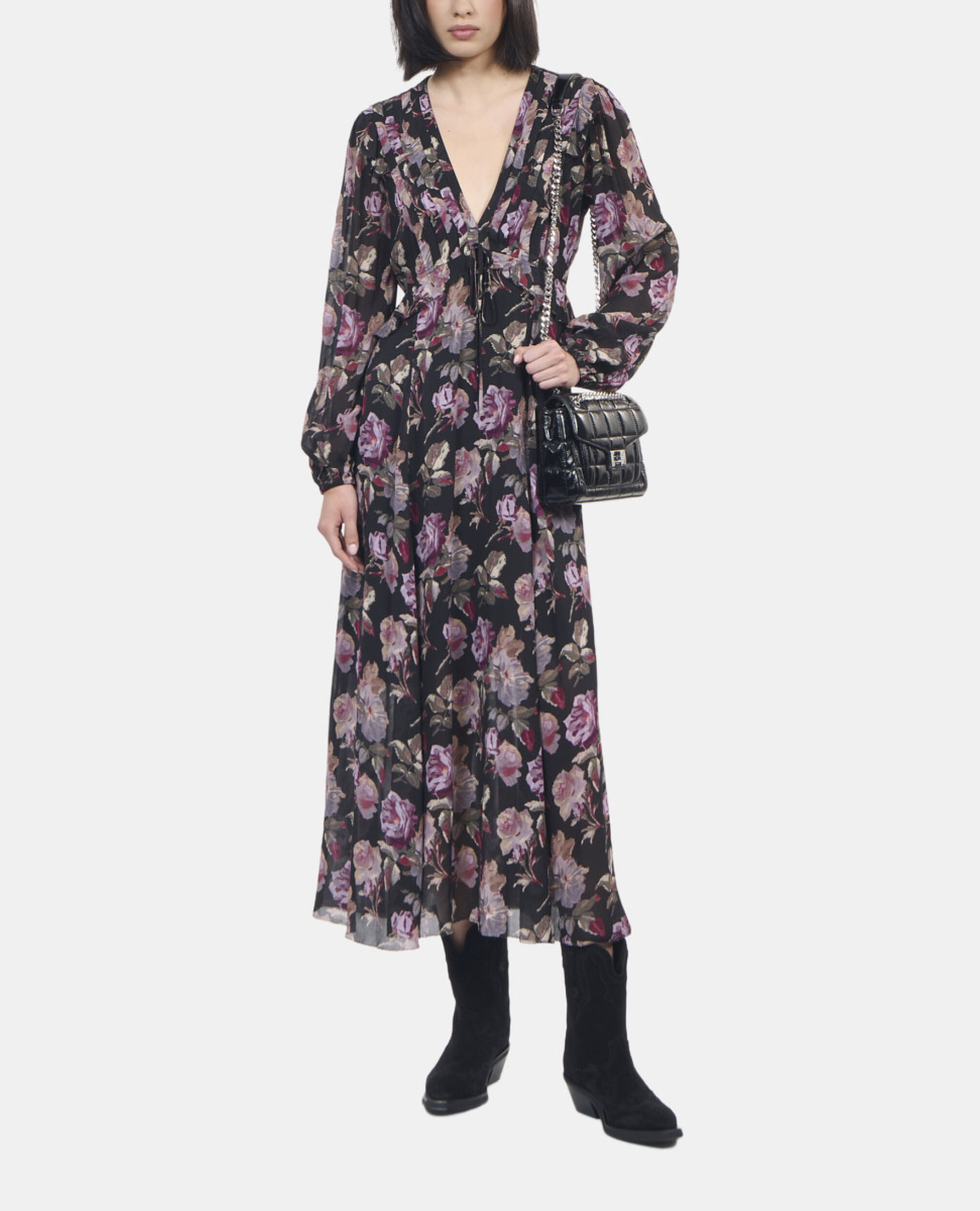 Robe longue imprimé fleuri, BLACK / PURPLE, hi-res image number null