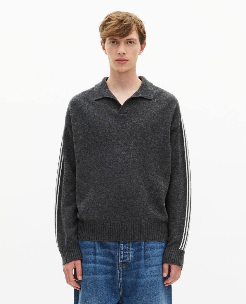 The Kooples MEN GREY wool polo neck sweater with contrasting gray stripes