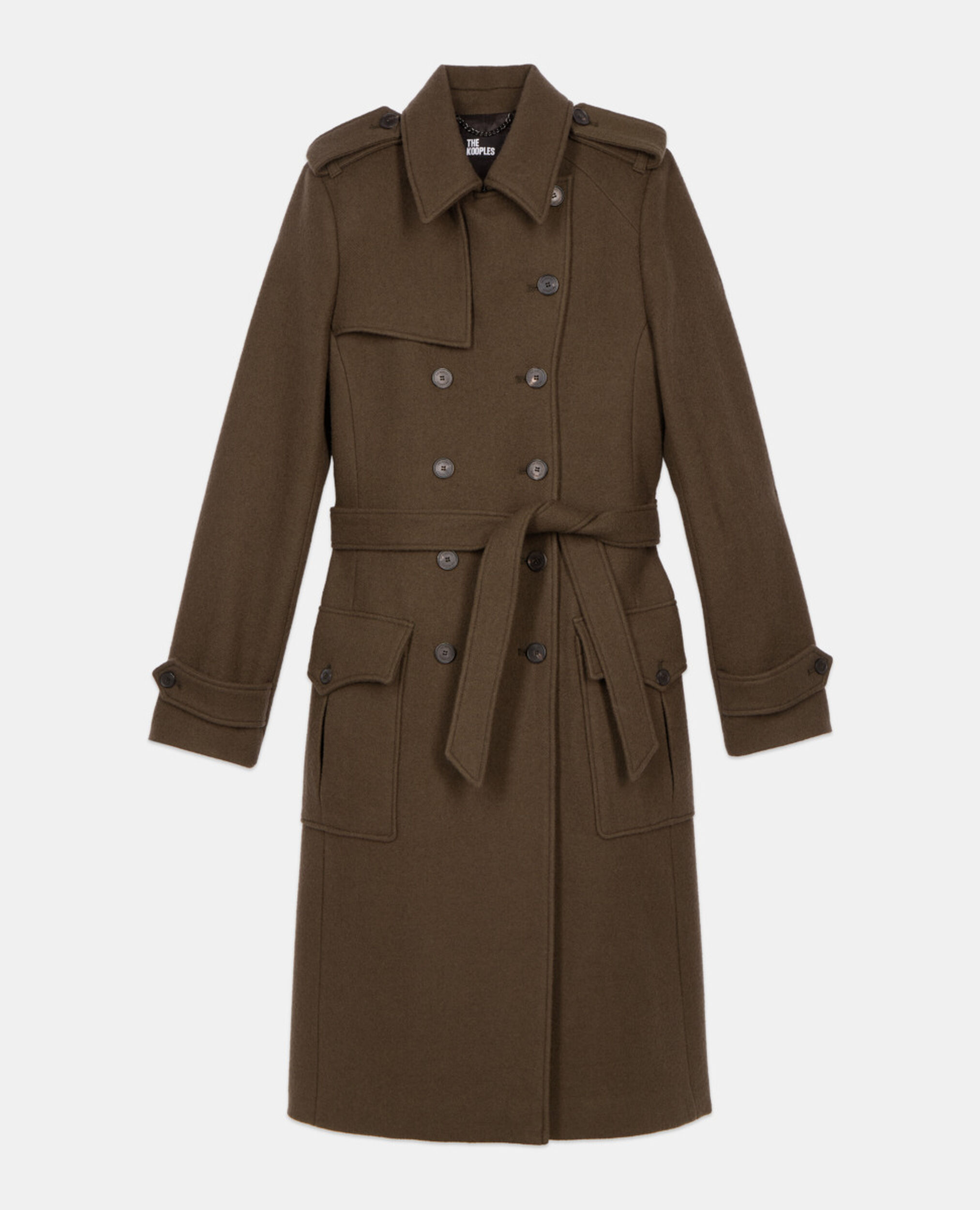 Long wool coat in khaki trench style, KAKI, hi-res image number null