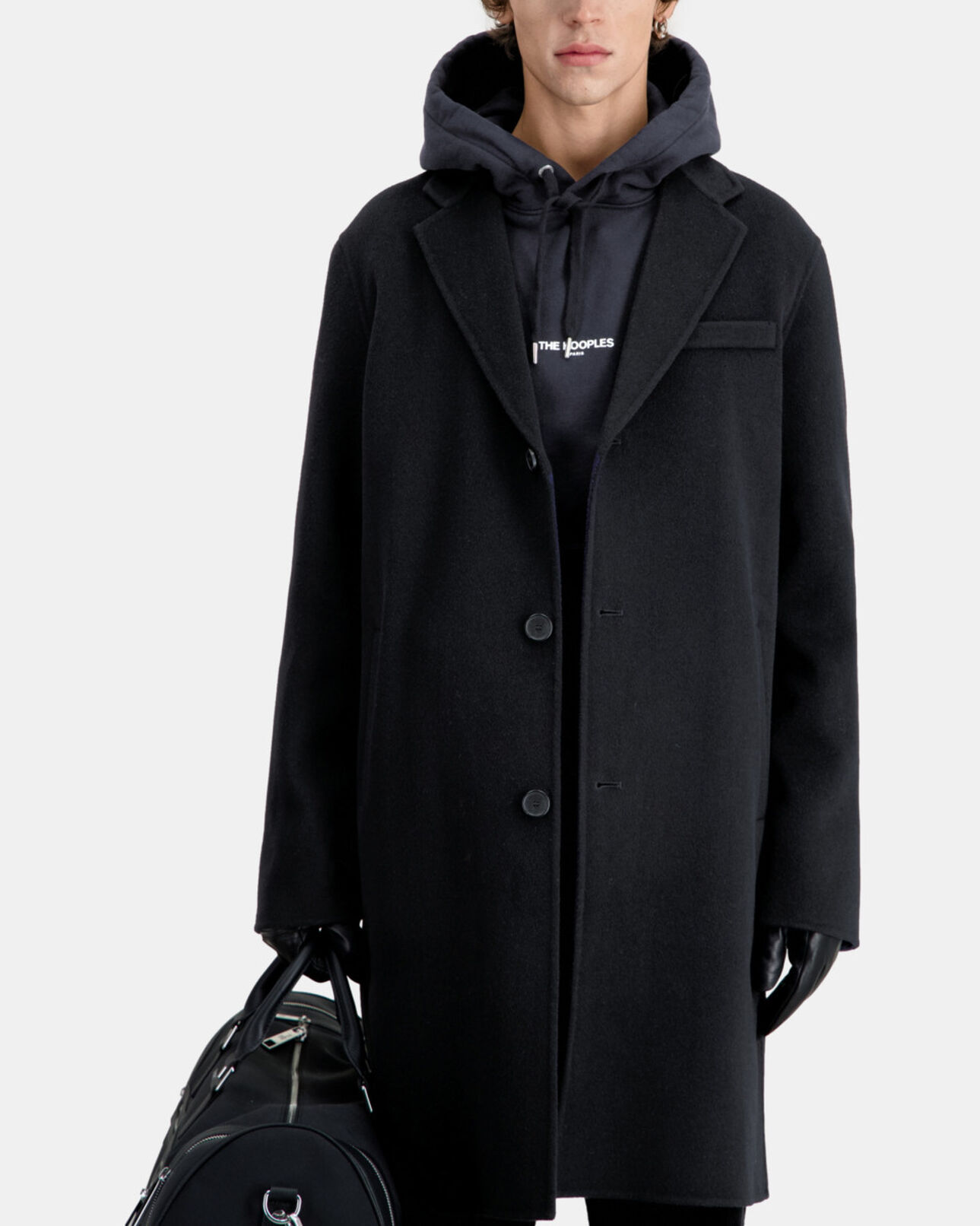 The Kooples MEN BLACK NAVY wool-blend mid-length black coat