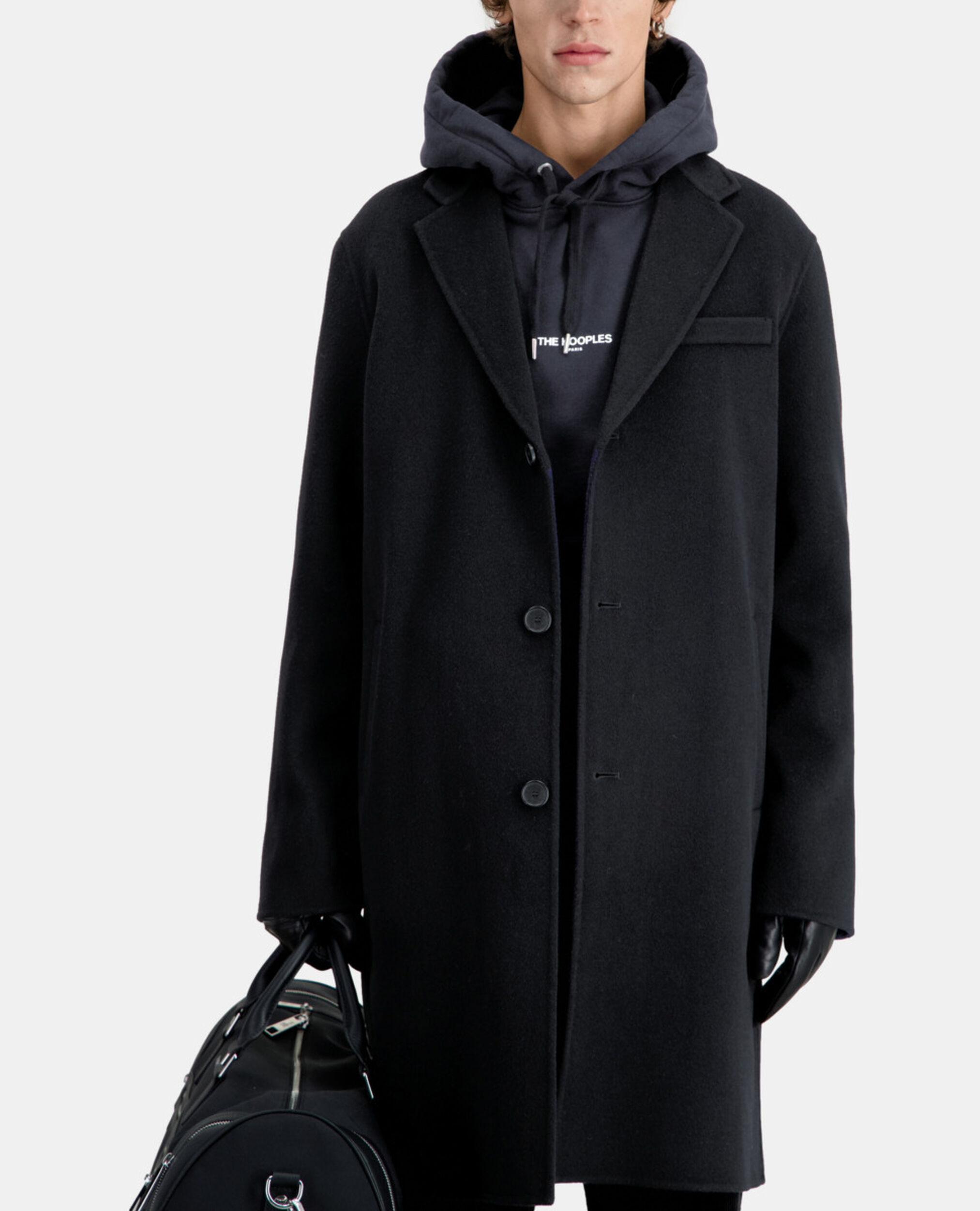 Langer schwarzer Mantel aus Wolle, BLACK NAVY, hi-res image number null