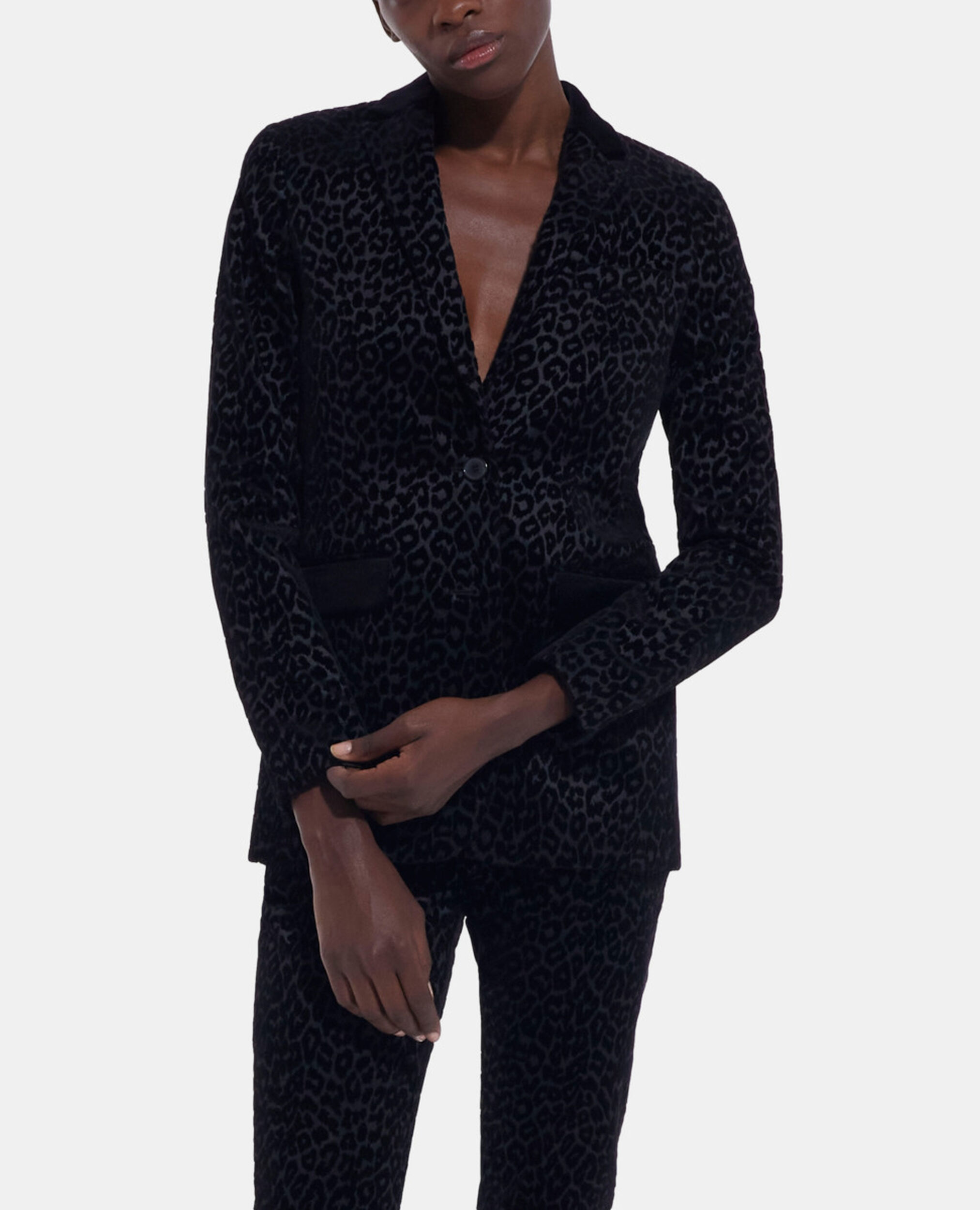 Black velvet suit jacket with leopard print, BLACK, hi-res image number null