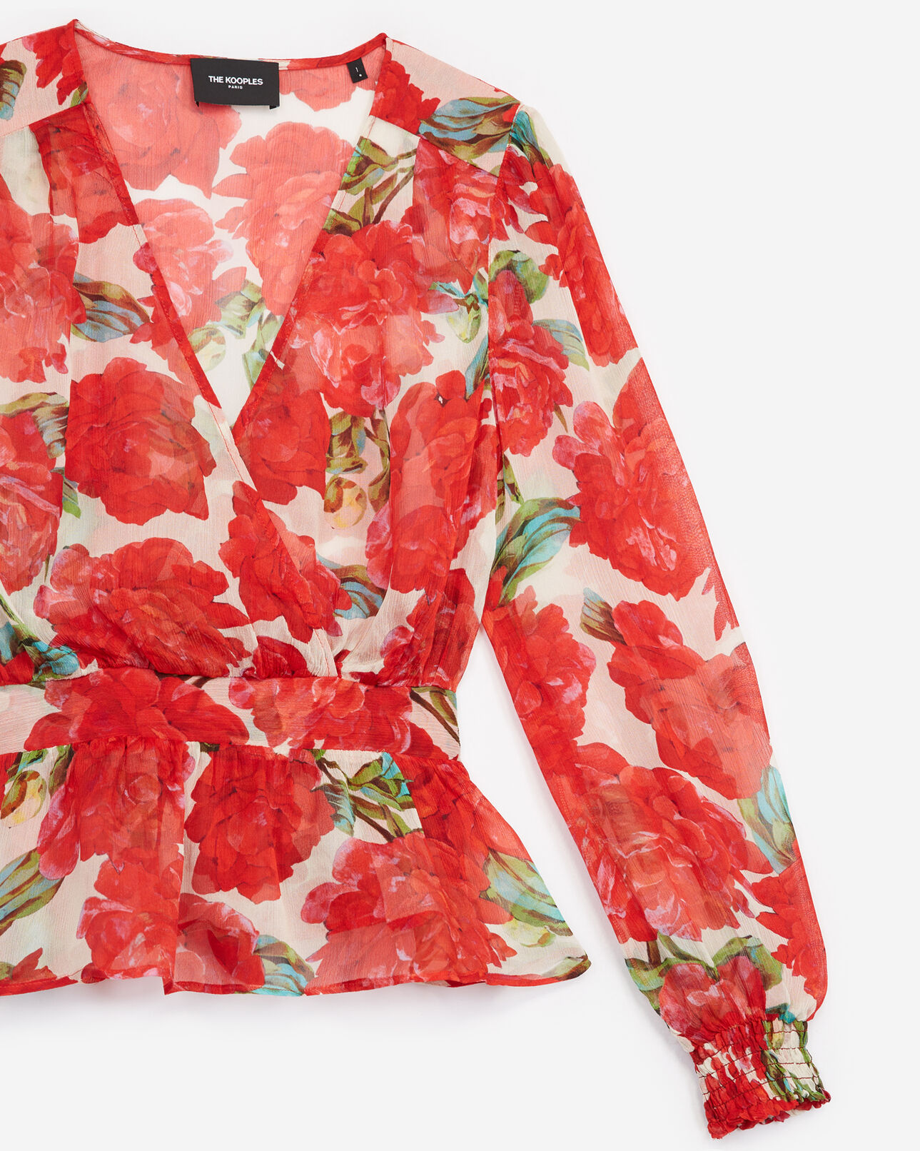 The Kooples FEMME ECRU RED top cache-cœur imprimé fleurs rouges