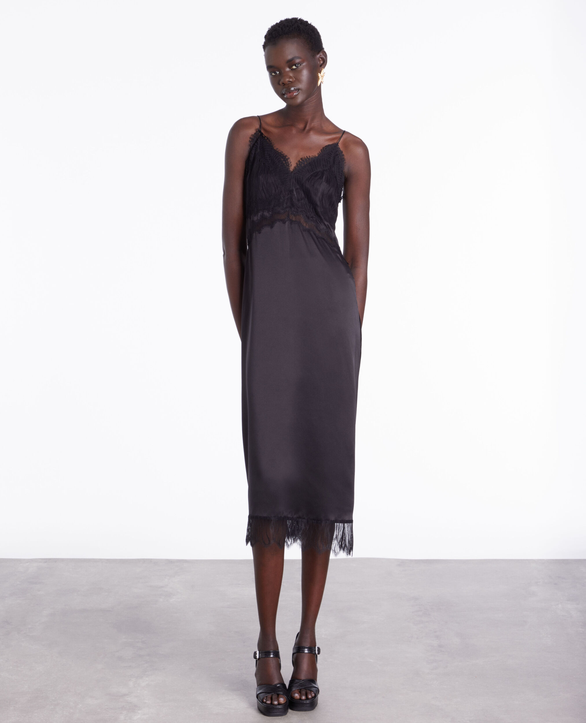 Long black silk slip dress with lace details, BLACK, hi-res image number null