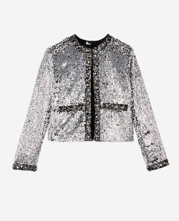 The Kooples FEMME SILVER veste à sequins et perles argentée