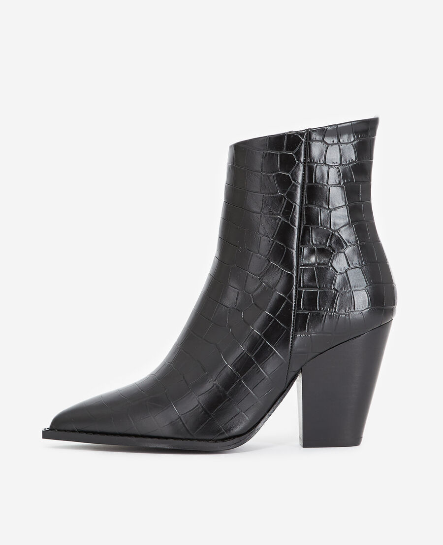 heeled croc-effect black leather ankle boots