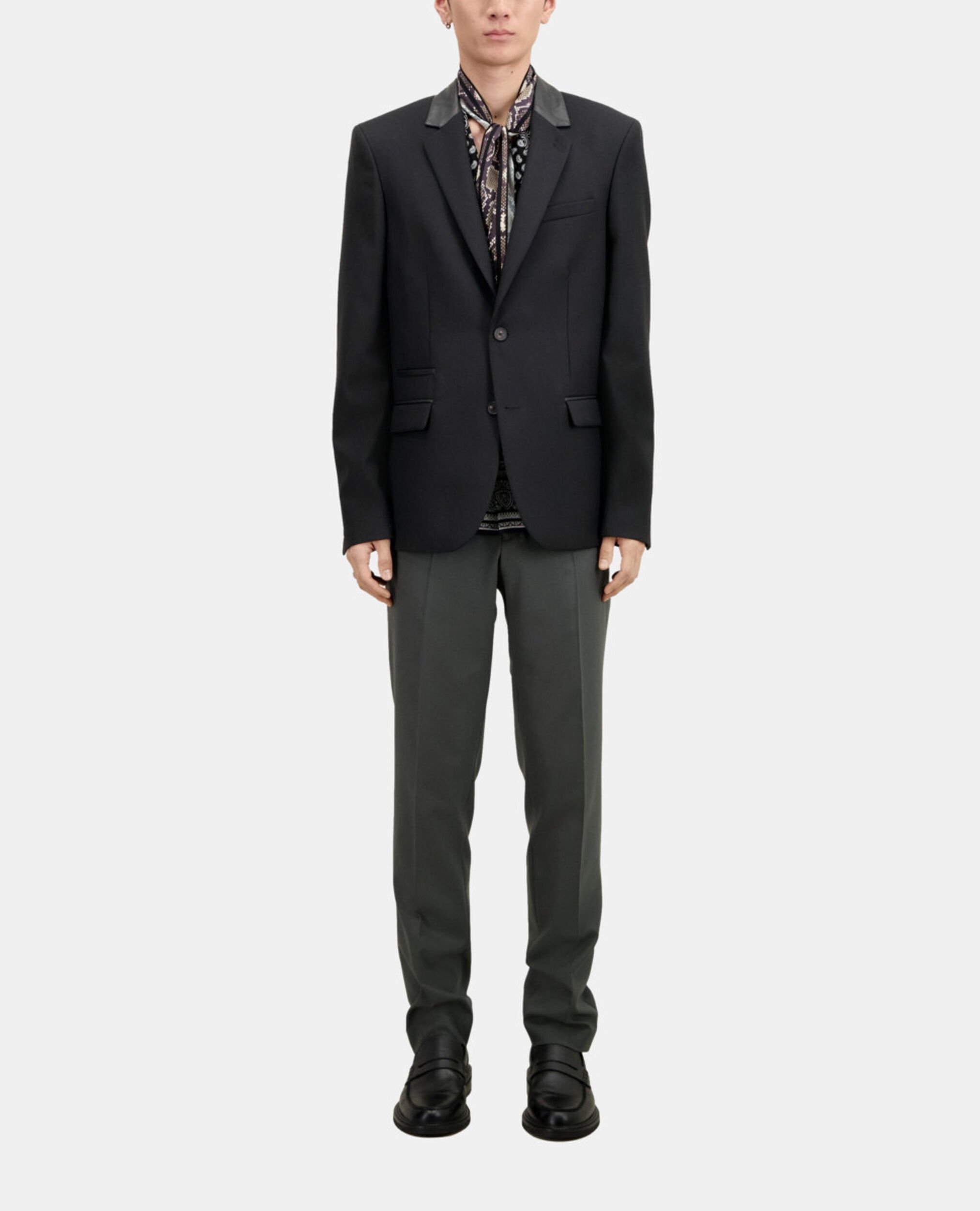 Black wool blazer with leather details, BLACK, hi-res image number null