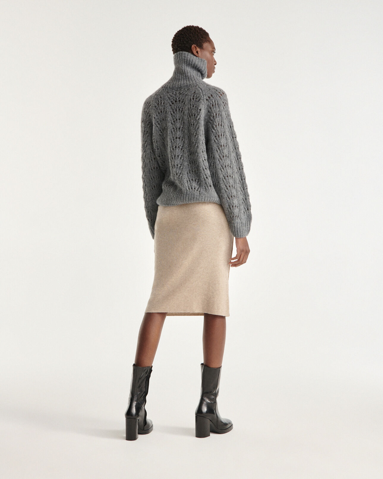 The Kooples FEMME BEIGE jupe courte laine cachemire beige côtes