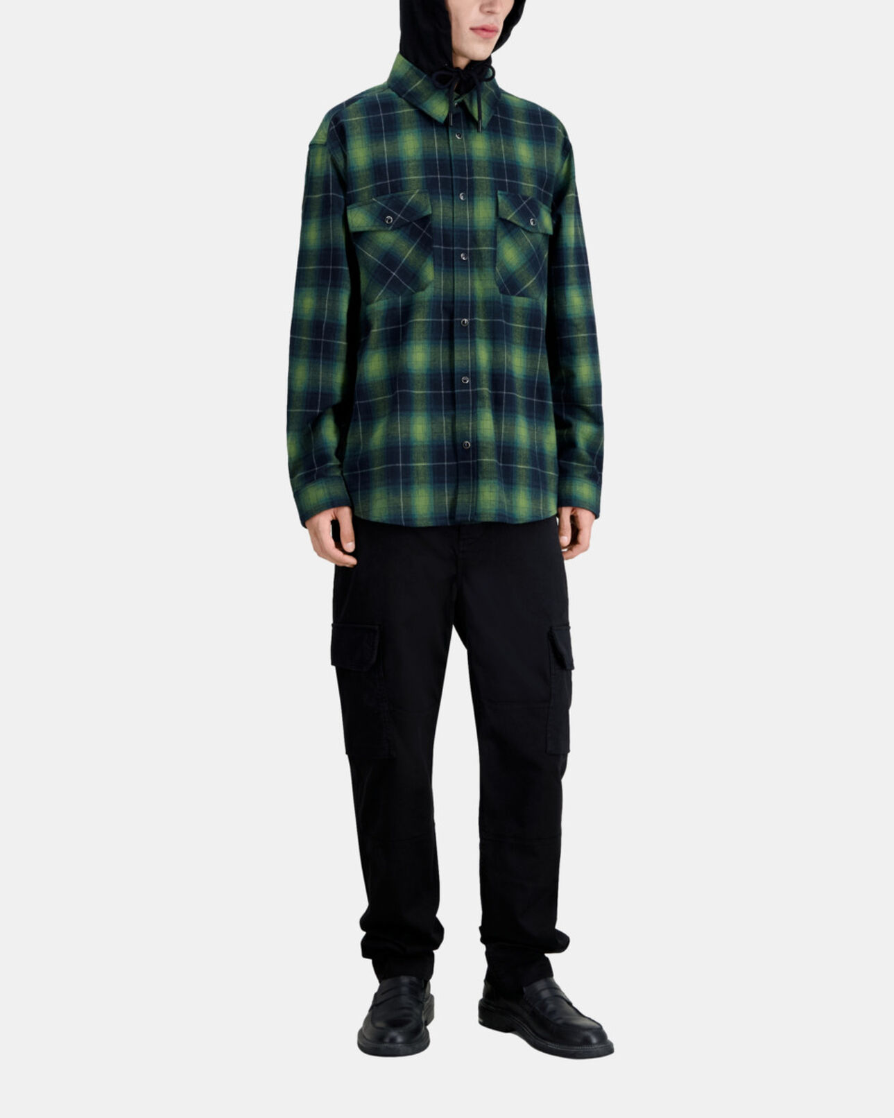 The Kooples HERREN BLACK / GREEN schwarz-grün kariertes jackenhemd mit kapuze