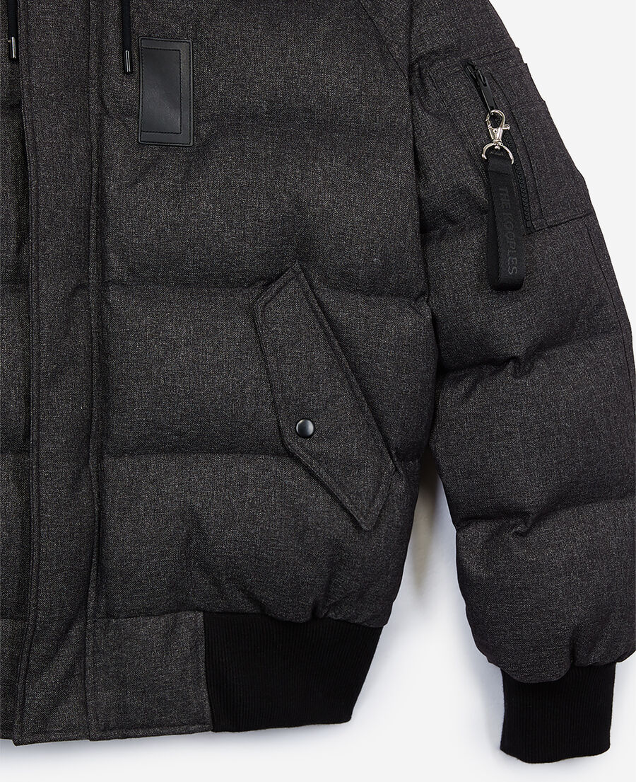 Grey flannel down jacket with furry hood