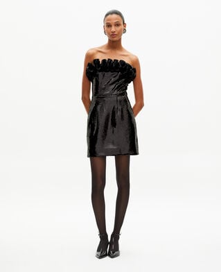 The Kooples F BLACK short strapless sequin dress with leather-effect detail in black
