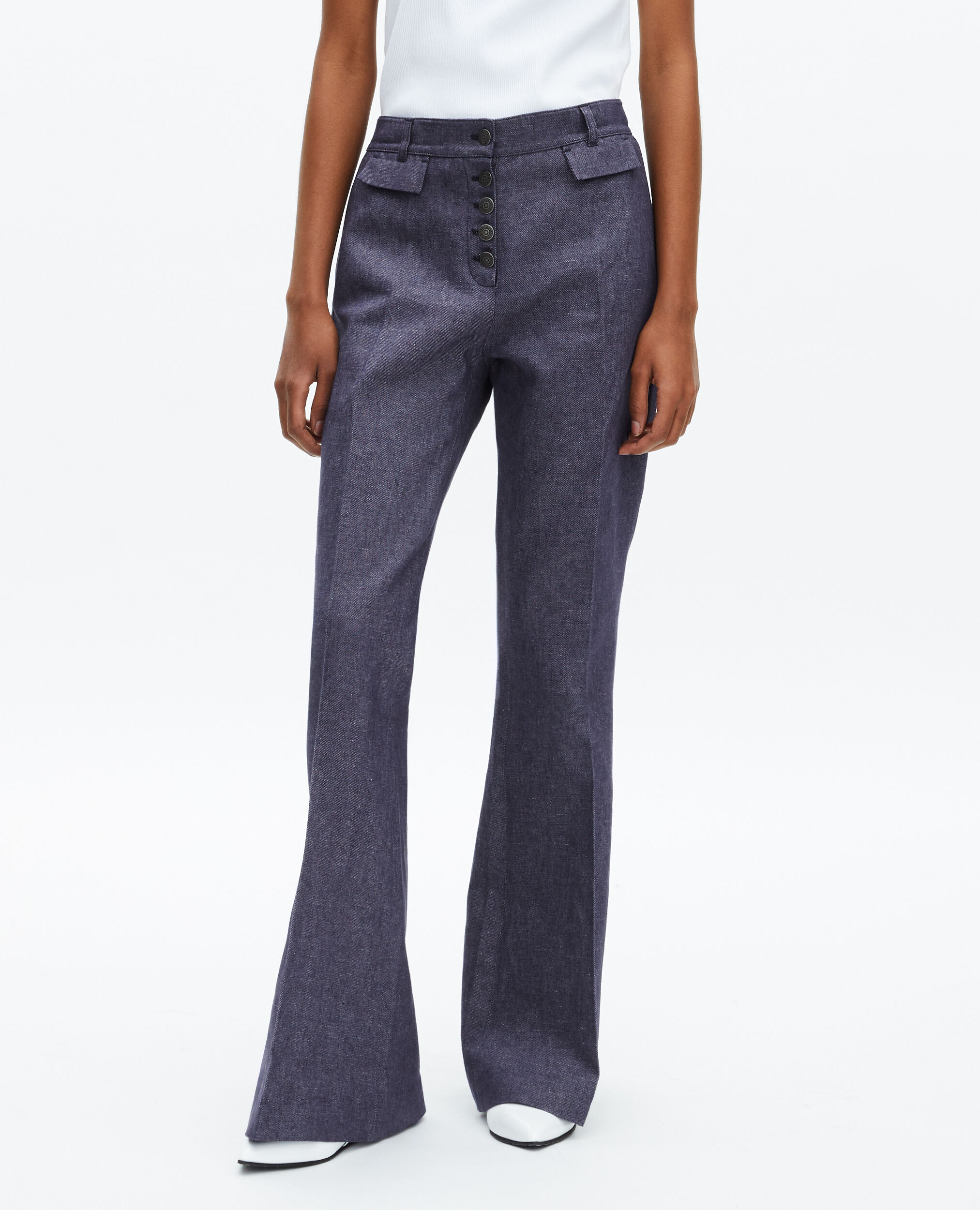 Blue cotton and linen flared pants, BLUE, hi-res image number null