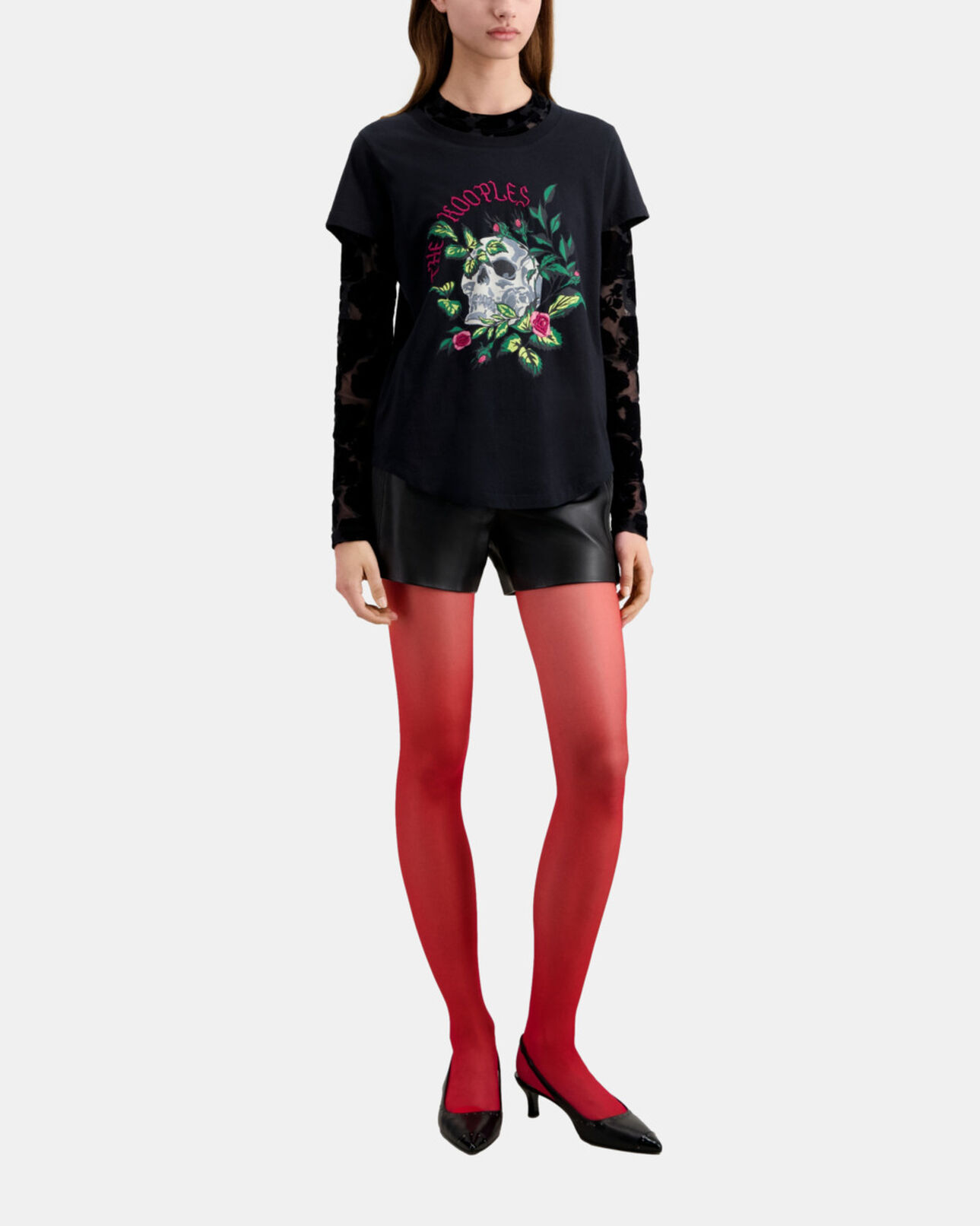 The Kooples WOMEN BLACK women's black t-shirt with skull - roses serigraphy
