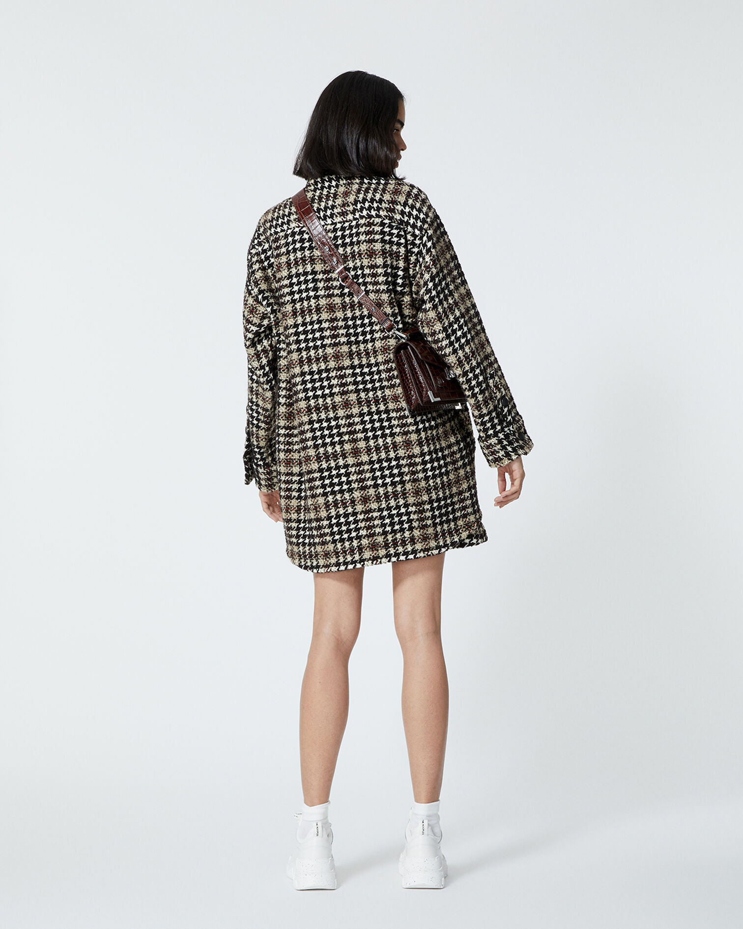 Oversized tweed houndstooth shirt jacket with leather detail, BLACK-ECRU, hi-res image number null