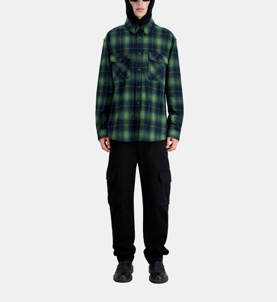 Black and green checked overshirt with hood