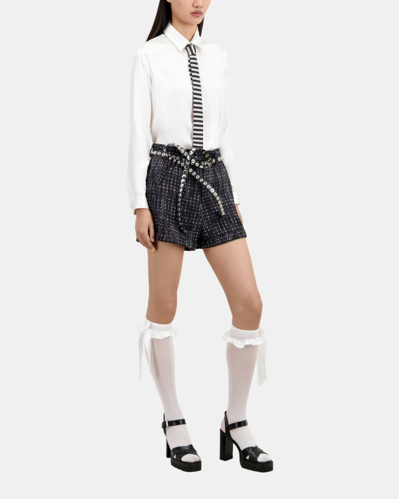 The Kooples FEMME BLACK WHITE short en tweed noir et blanc