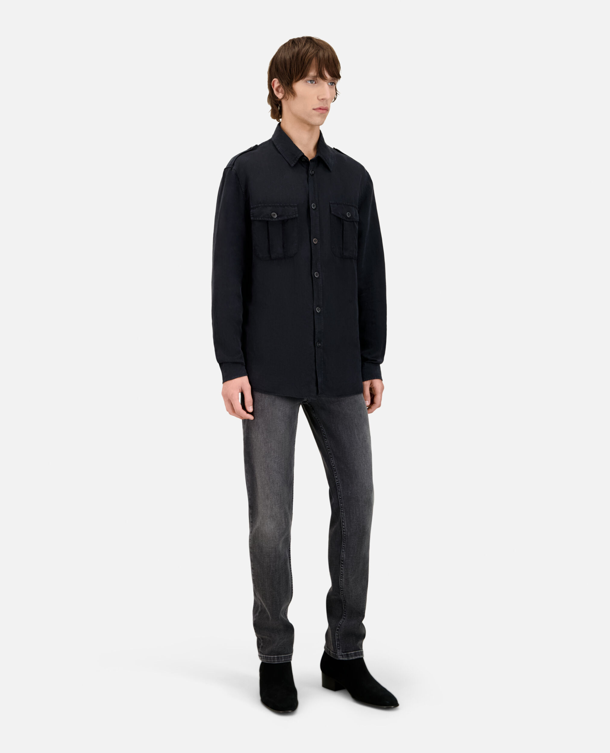 Black lyocell and linen shirt, BLACK, hi-res image number null