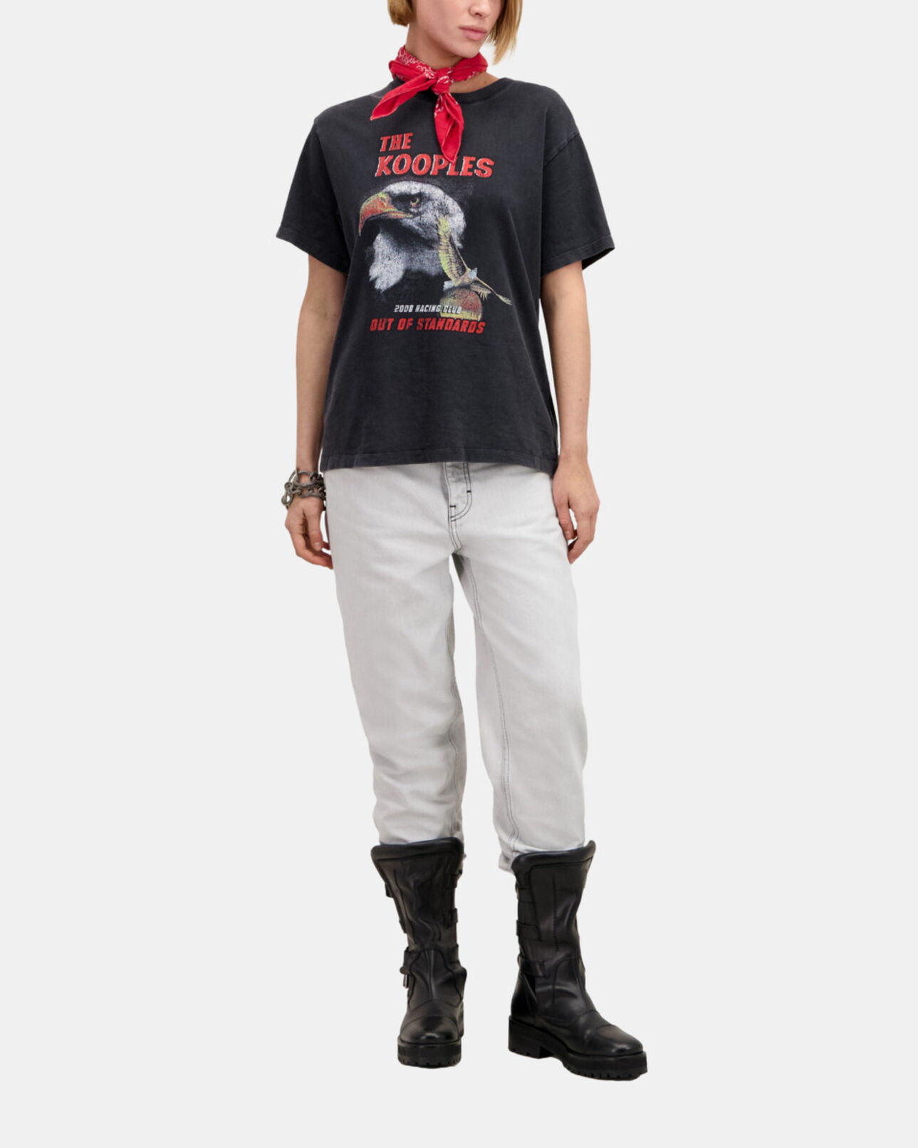 The Kooples DAMEN BLACK WASHED schwarzes t-shirt damen mit „eagle“-siebdruck