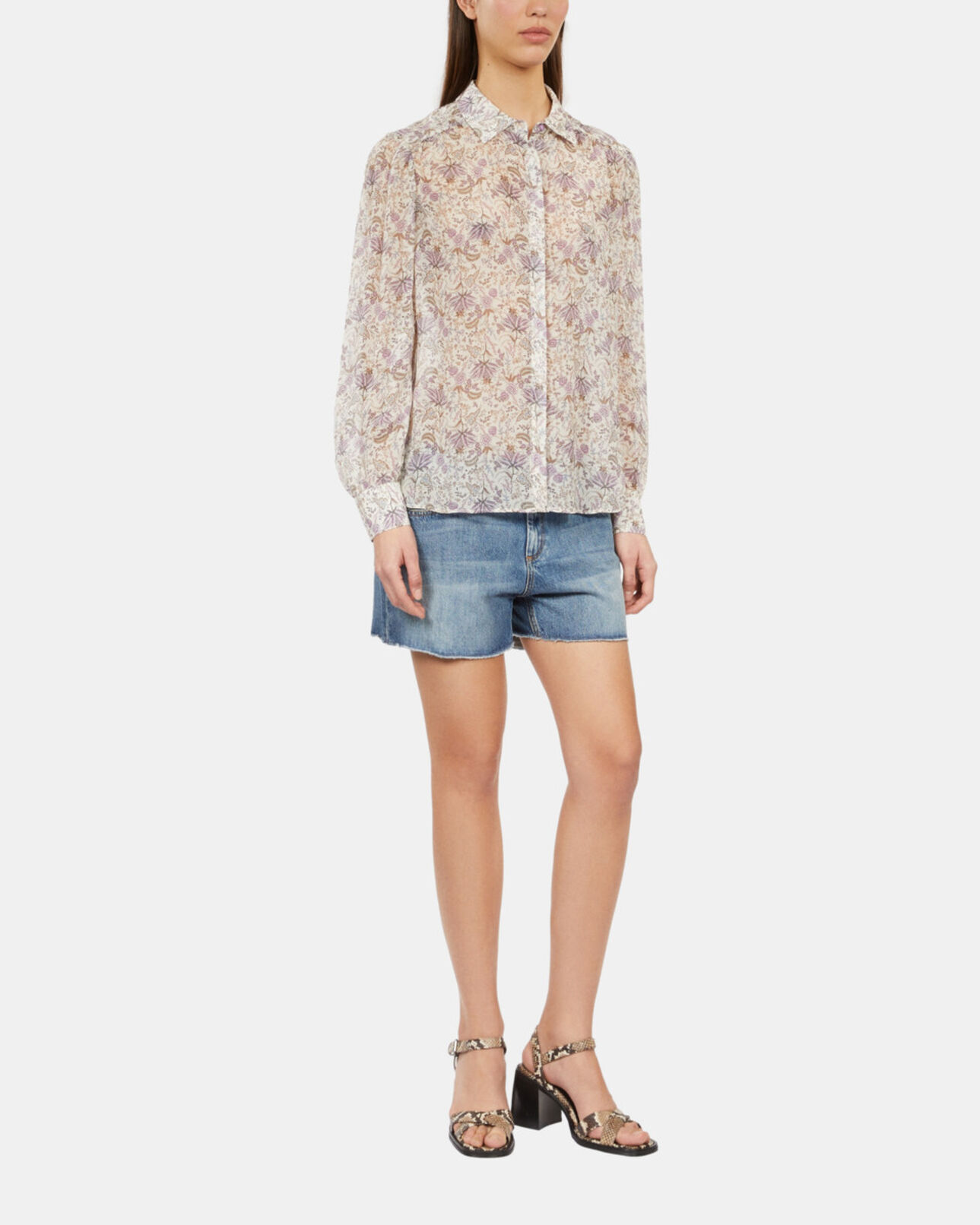 The Kooples WOMEN ECRU/MAUVE CHALK lilac floral print long sleeve shirt
