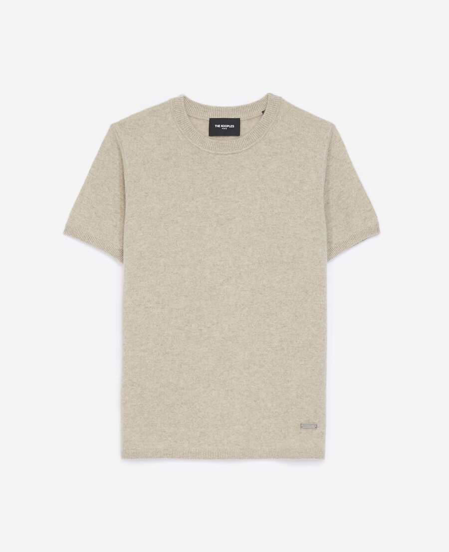 fitted beige s/s cashmere sweater w/crew neck