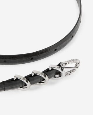 The Kooples F BLACK thin black crocodile-effect leather belt