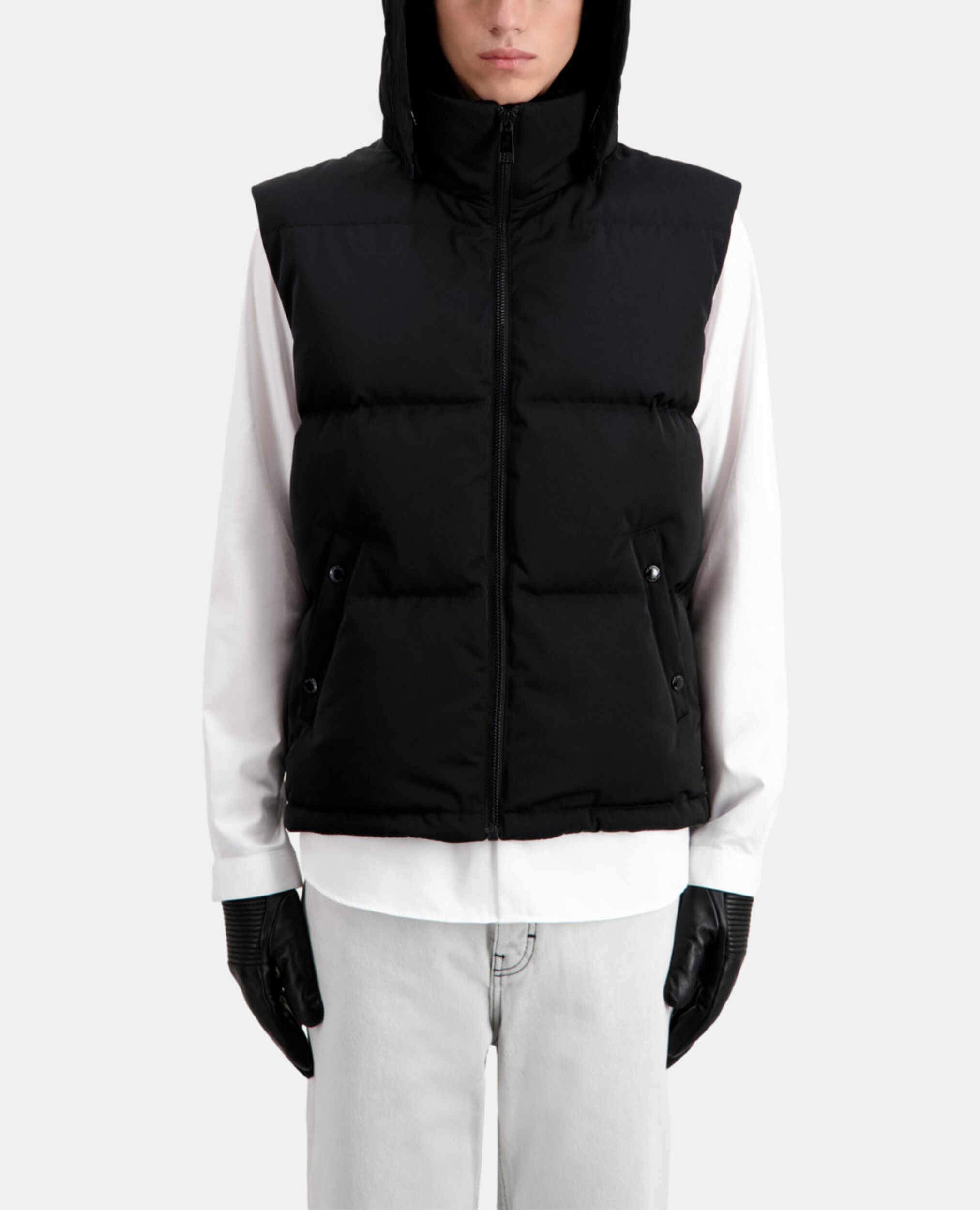 Black sleeveless hooded puffer jacket, BLACK, hi-res image number null