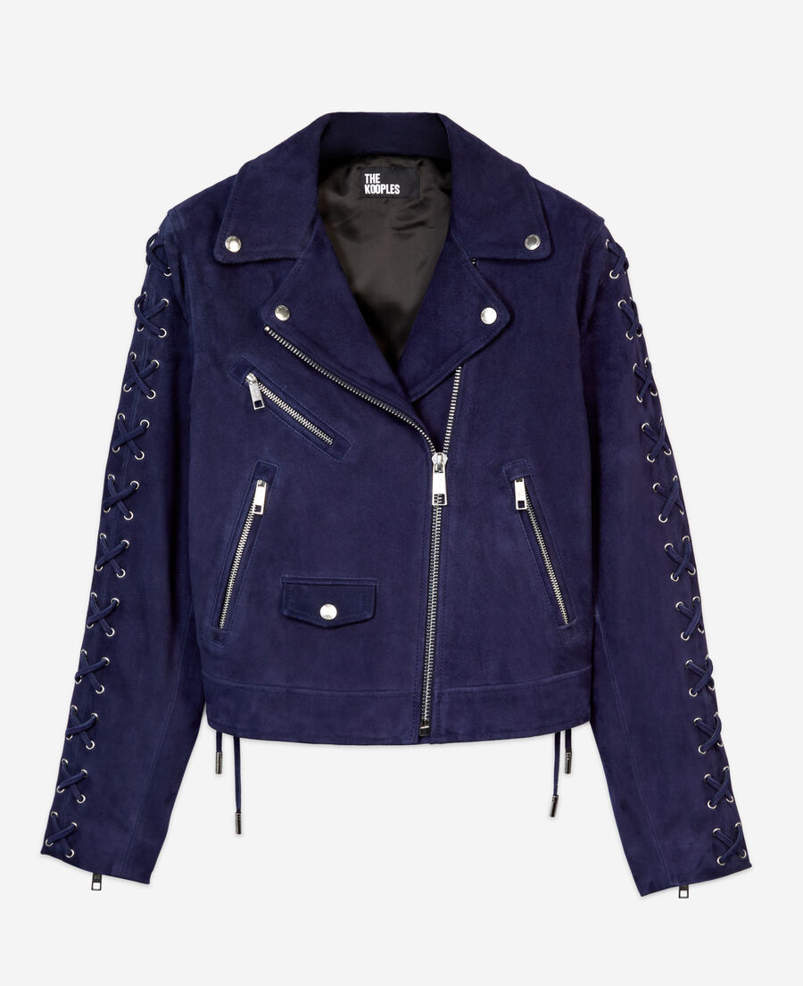 The Kooples DAMEN DARK BLUE marineblaue bikerjacke aus veloursleder