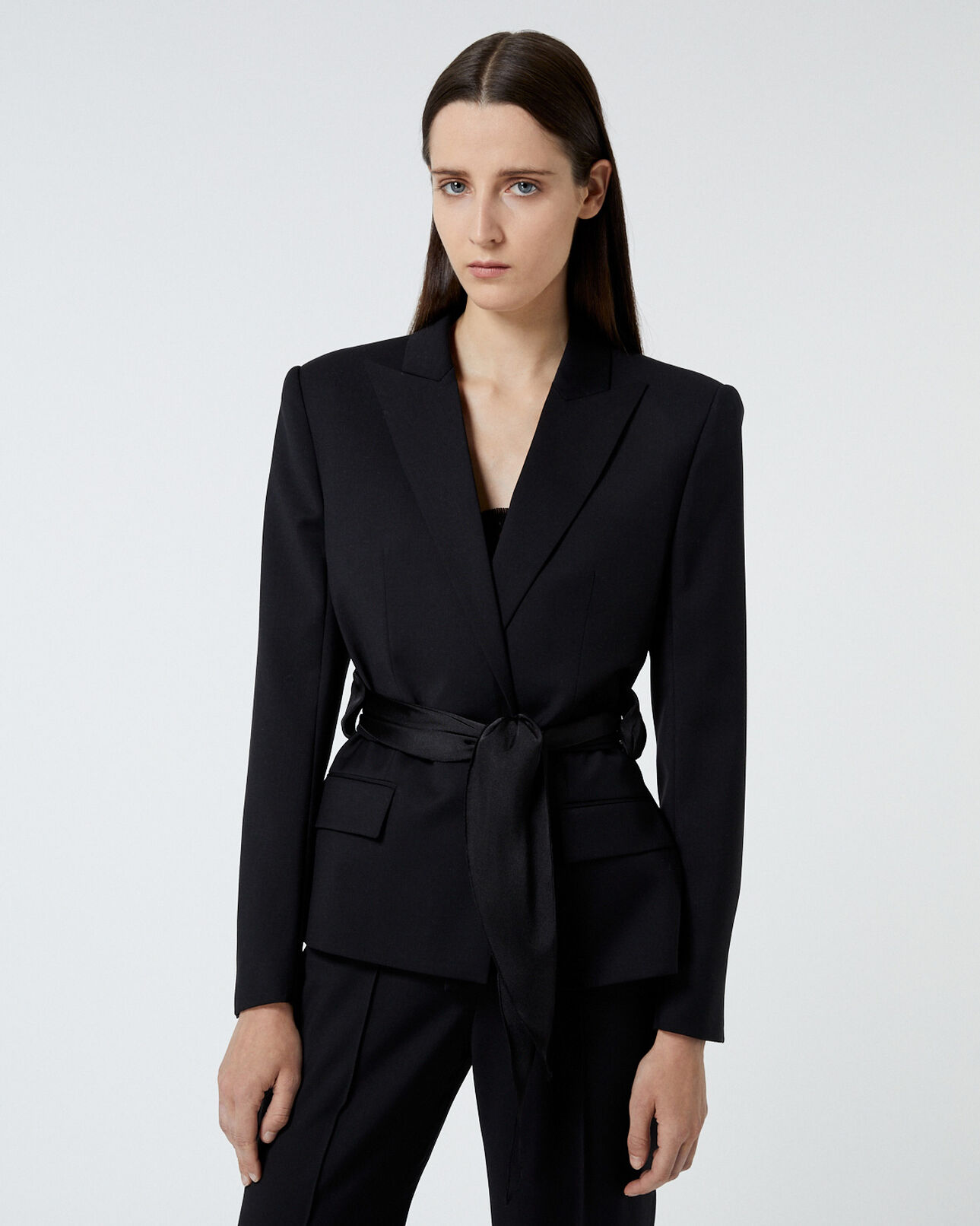 The Kooples FEMME BLACK veste laine noire à ceinture nouée